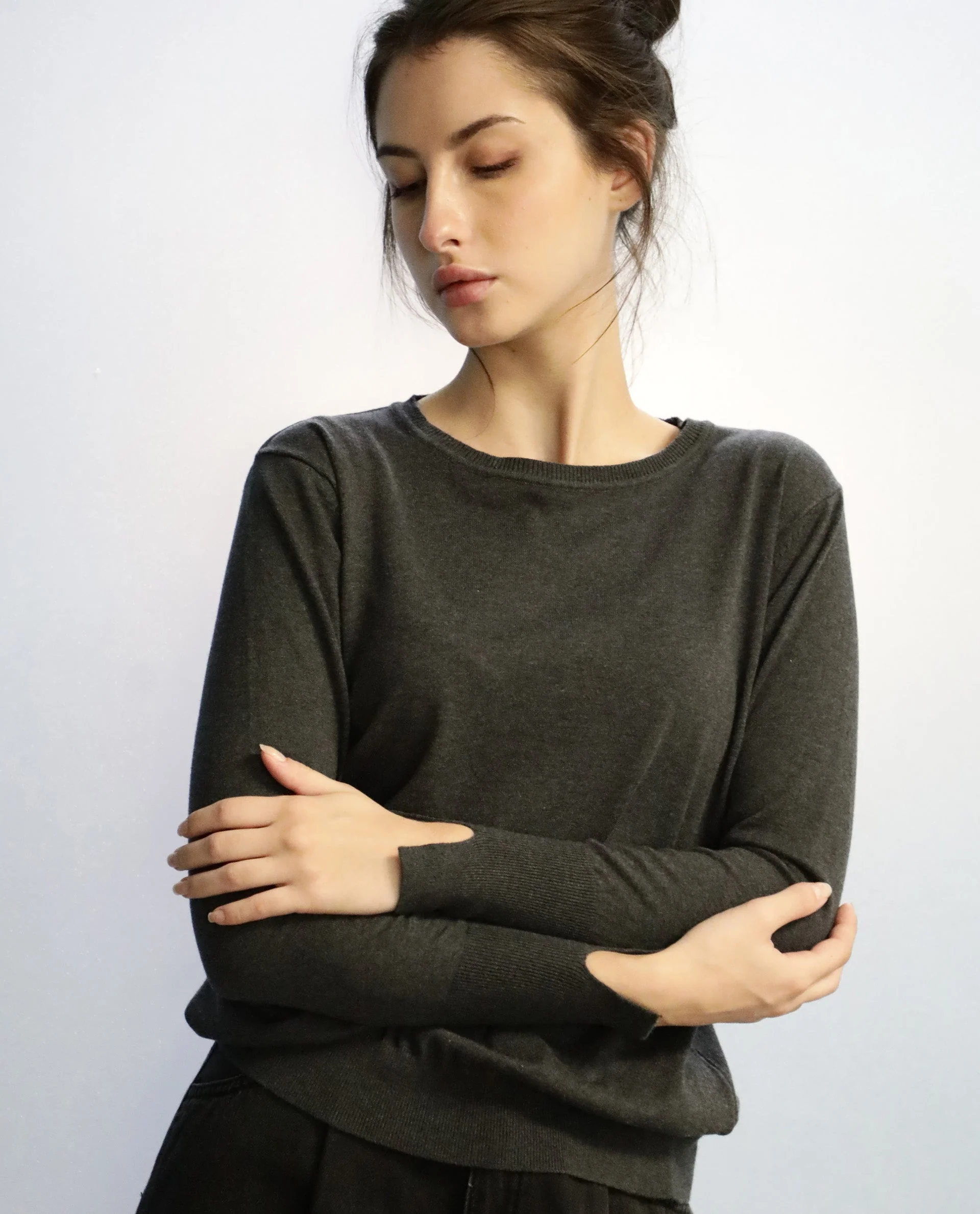 Rareism Women's Plum Grey Cotton Boat Neck Plain Regular Fit Sweater
