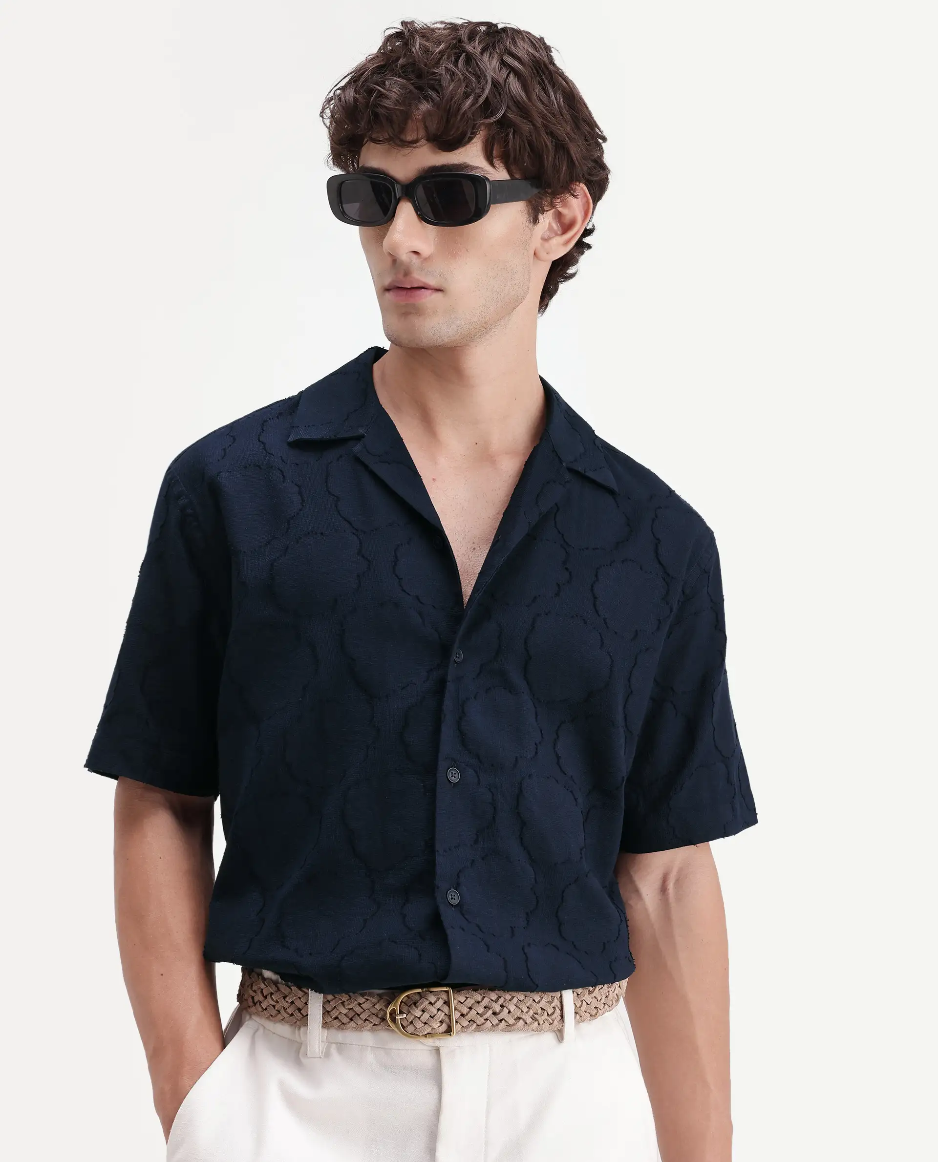 Rare Rabbit Men's Plunt Navy Cotton Cuban Collar Button Relaxed Fit Jacquard Print Shirt