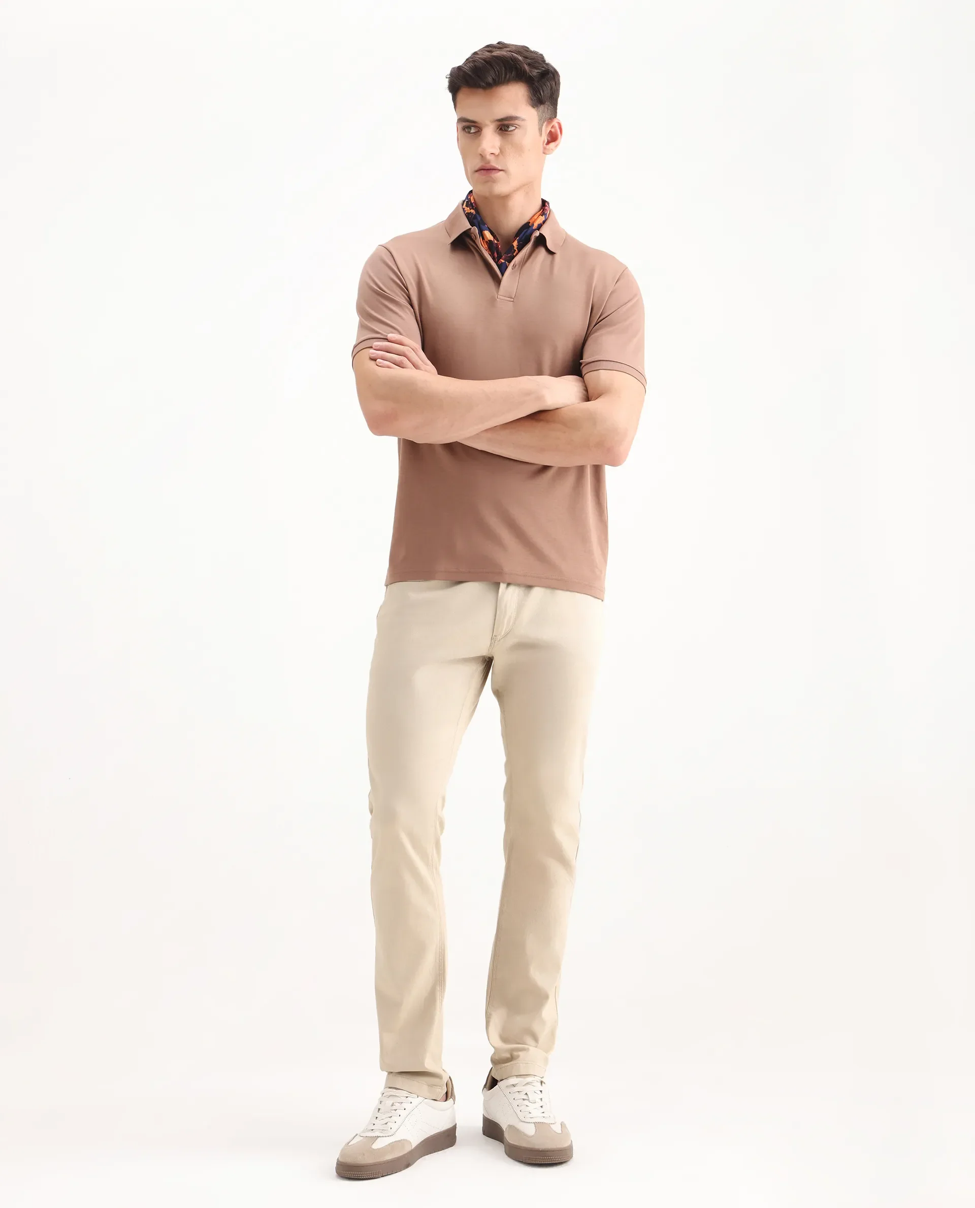 Rare Rabbit Men's Poke-2 Beige Cotton Plain Regular Fit Trouser