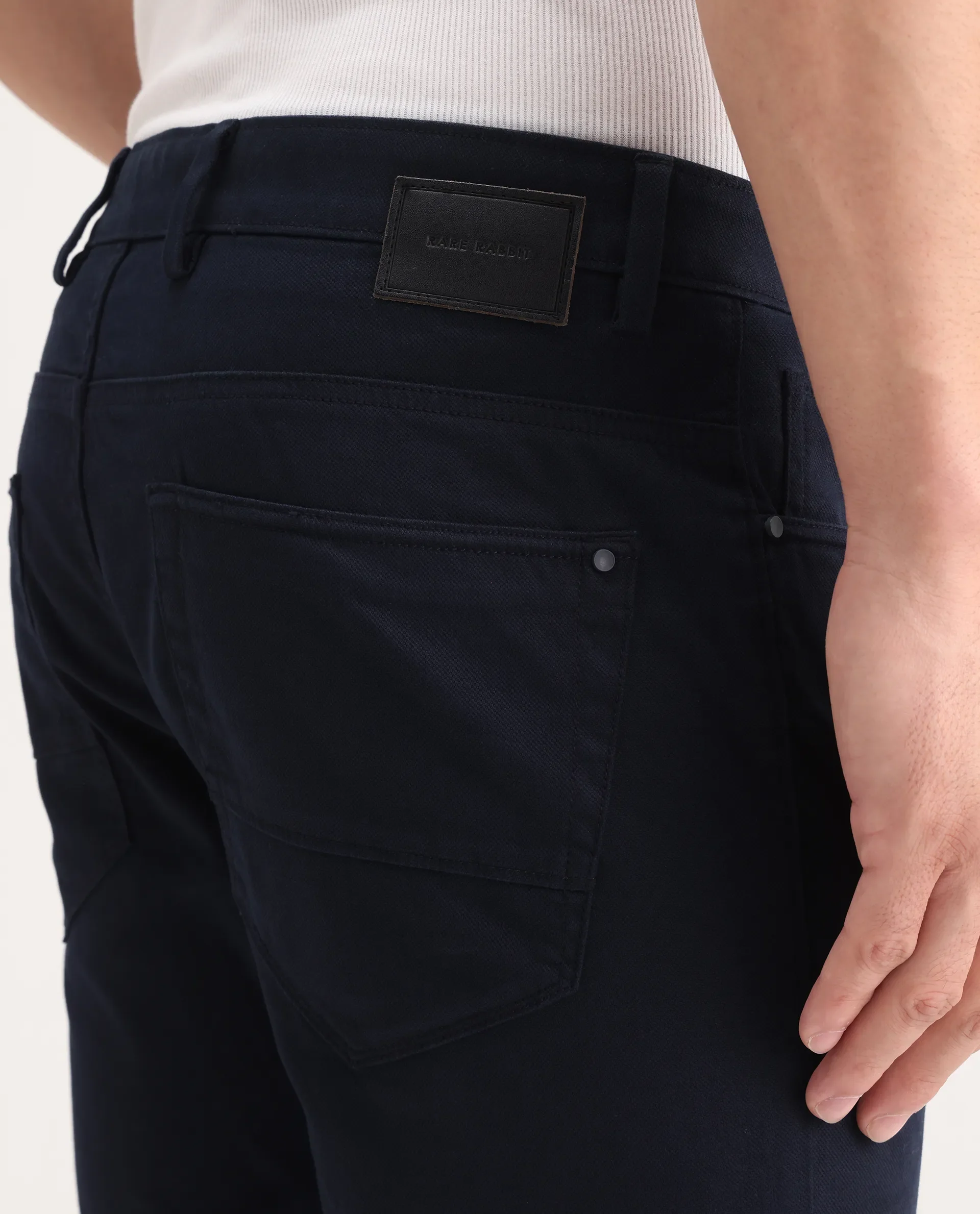 Rare Rabbit Men's Poke-2 Navy Cotton Plain Regular Fit Trouser - Image 7