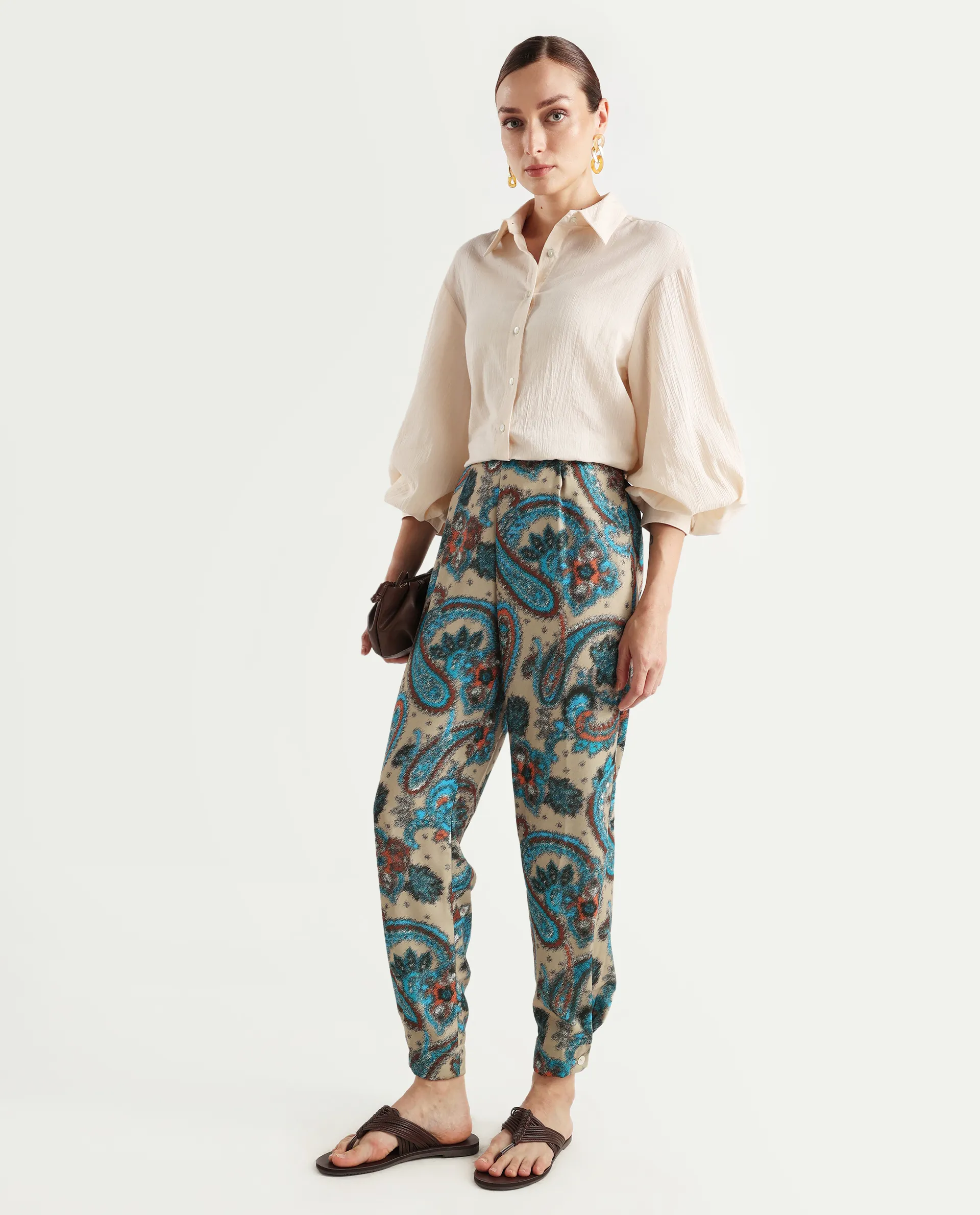 Rareism Women's Posrita Multi Polyester Paisley Print Ankle Length Straight Fit Trouser