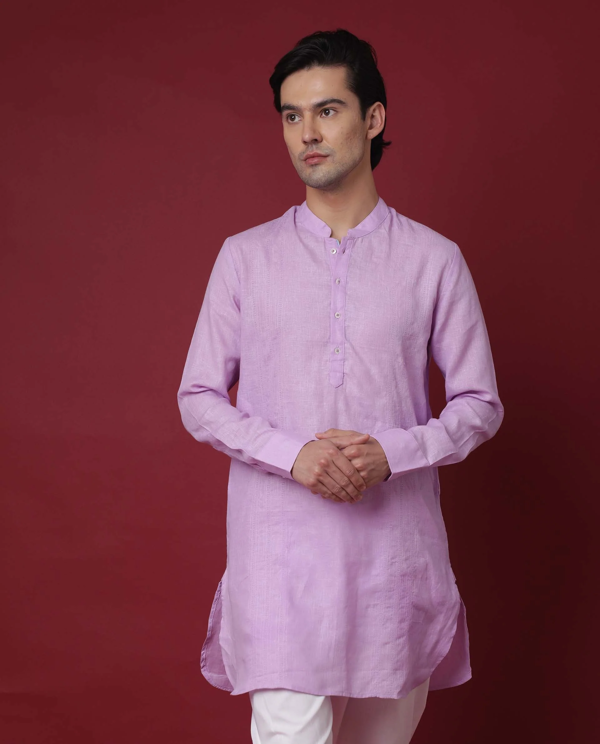 Rare Rabbit Men's President Lilac Linen Plain Regular Fit Full Sleeve Mandarin Collar Kurta