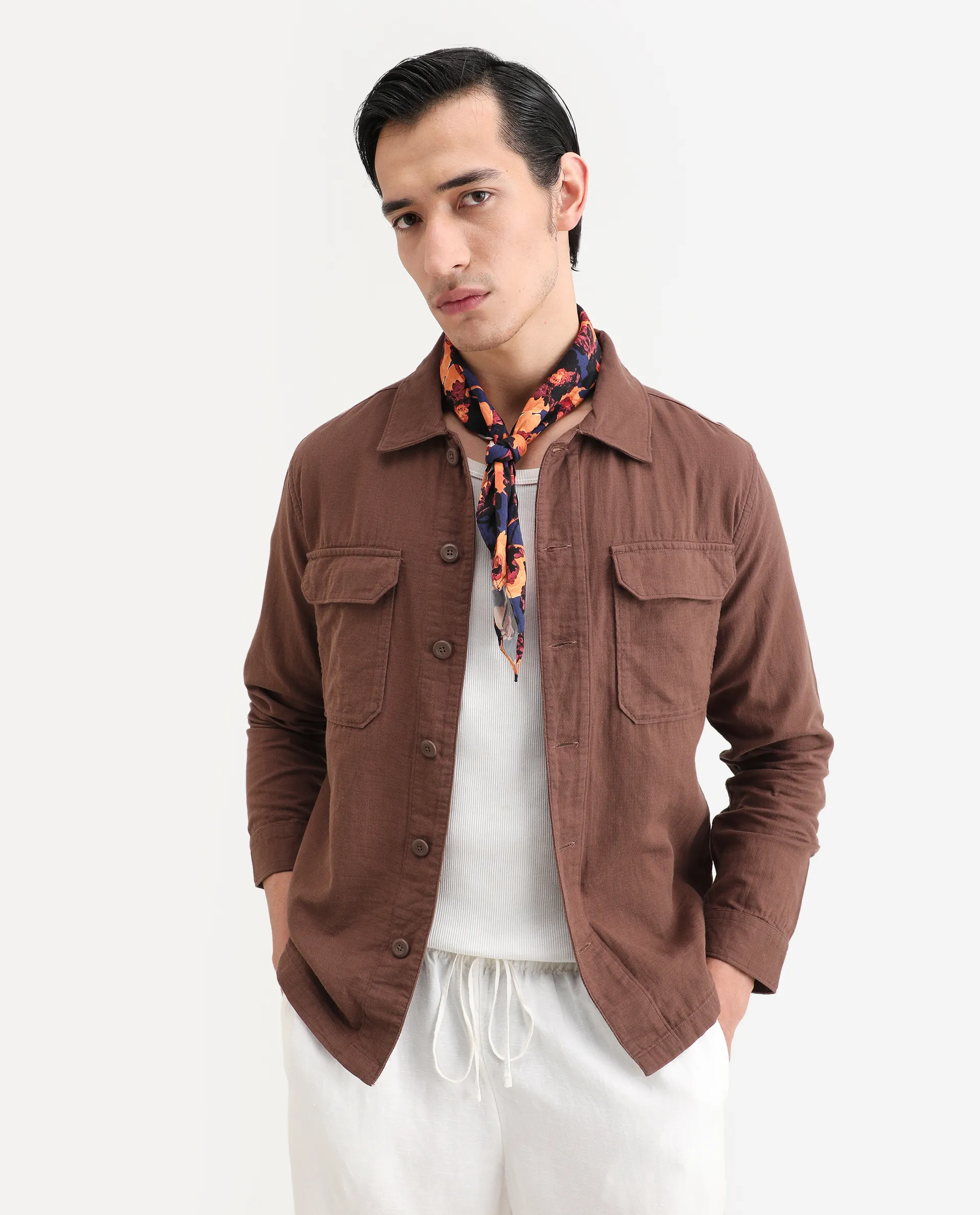 Rare Rabbit Men's Prest-25 Dusky Brown Cotton Plain Regular Fit Full Sleeve Collared Shacket