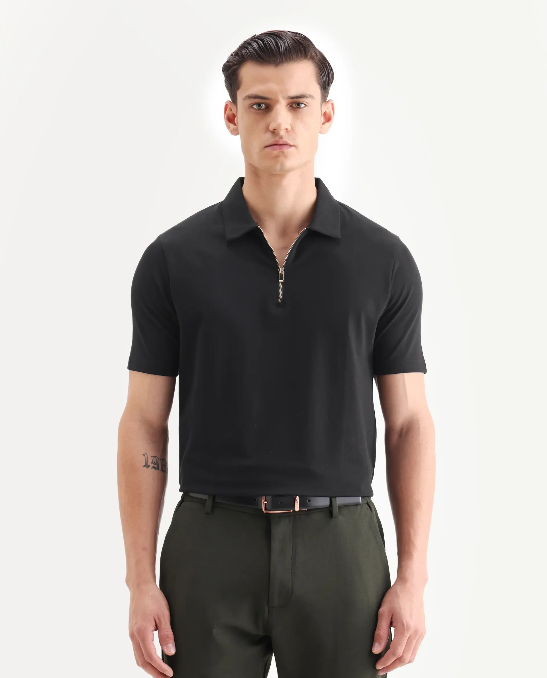 Rare Rabbit Men's Guild Casual Prin 1 Black Cotton Plain Regular Fit Half Sleeve Polo