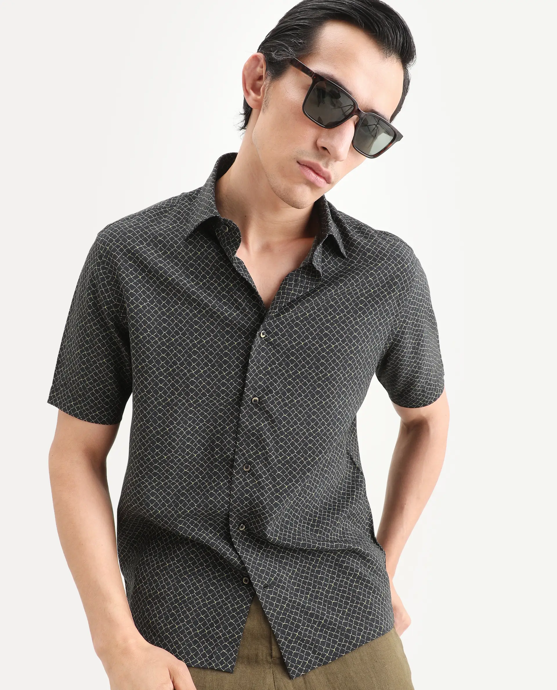 Rare Rabbit Men's Prit-Ss Black Viscose Fabric Half Sleeve Spread Collar Regular Fit Geometric Print Shirt