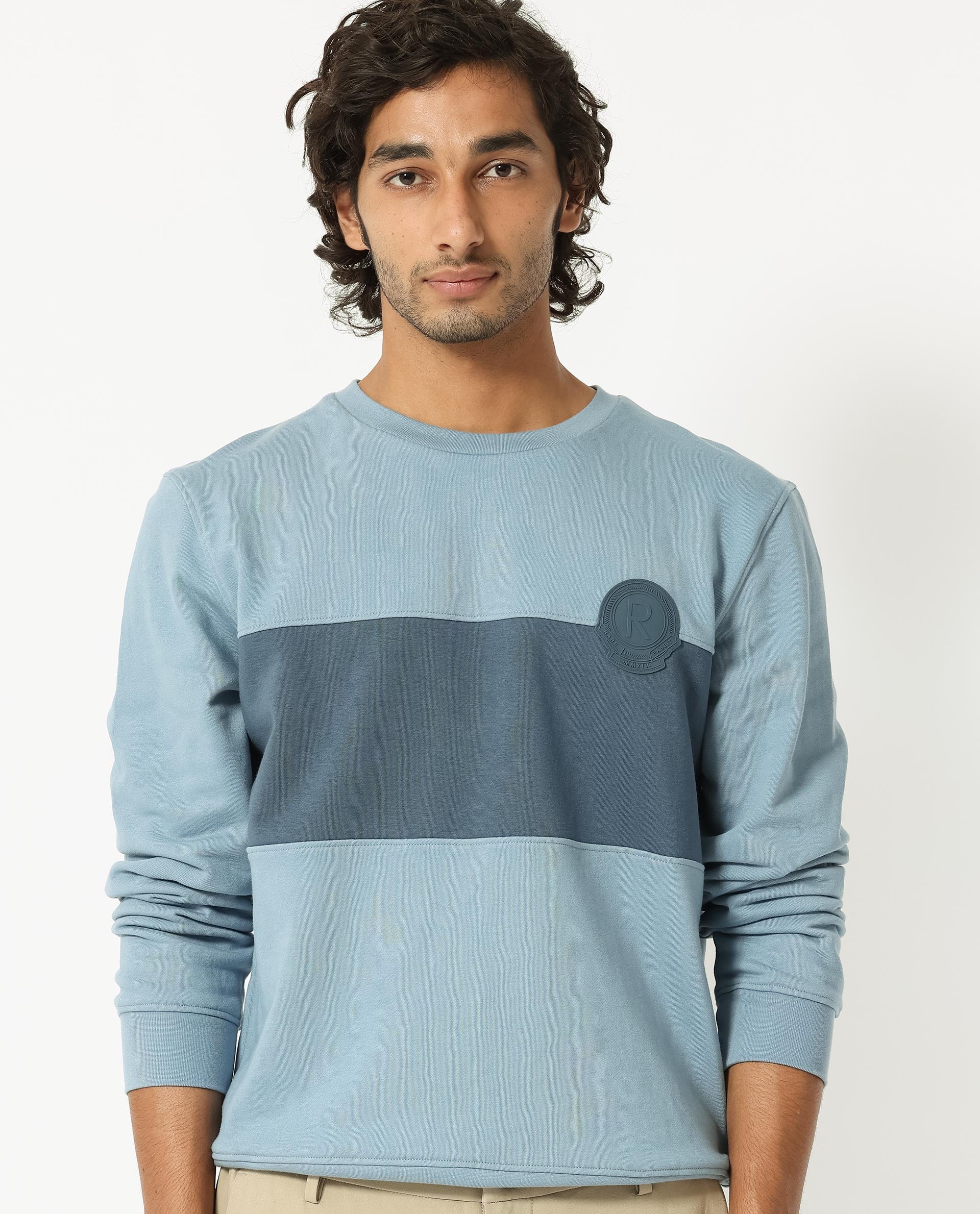 Rare Rabbit Men's Privett Blue Cotton Ombre Relaxed Fit Full Sleeve Crew Neck Sweatshirt