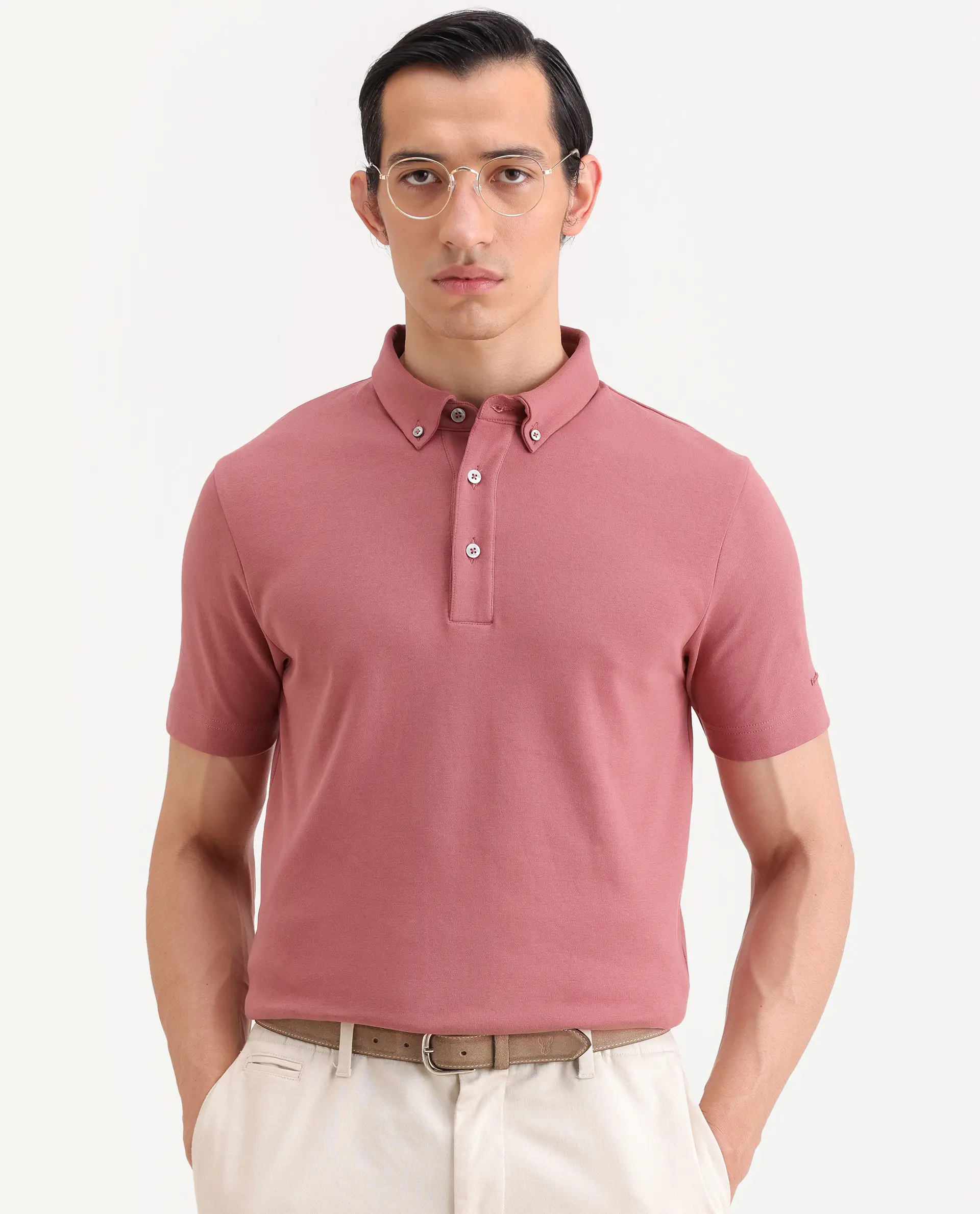 Rare Rabbit Men's Promp Dusky Pink Cotton Blend Fabric Half Sleeve Spread Collar Regular Fit Plain Polo