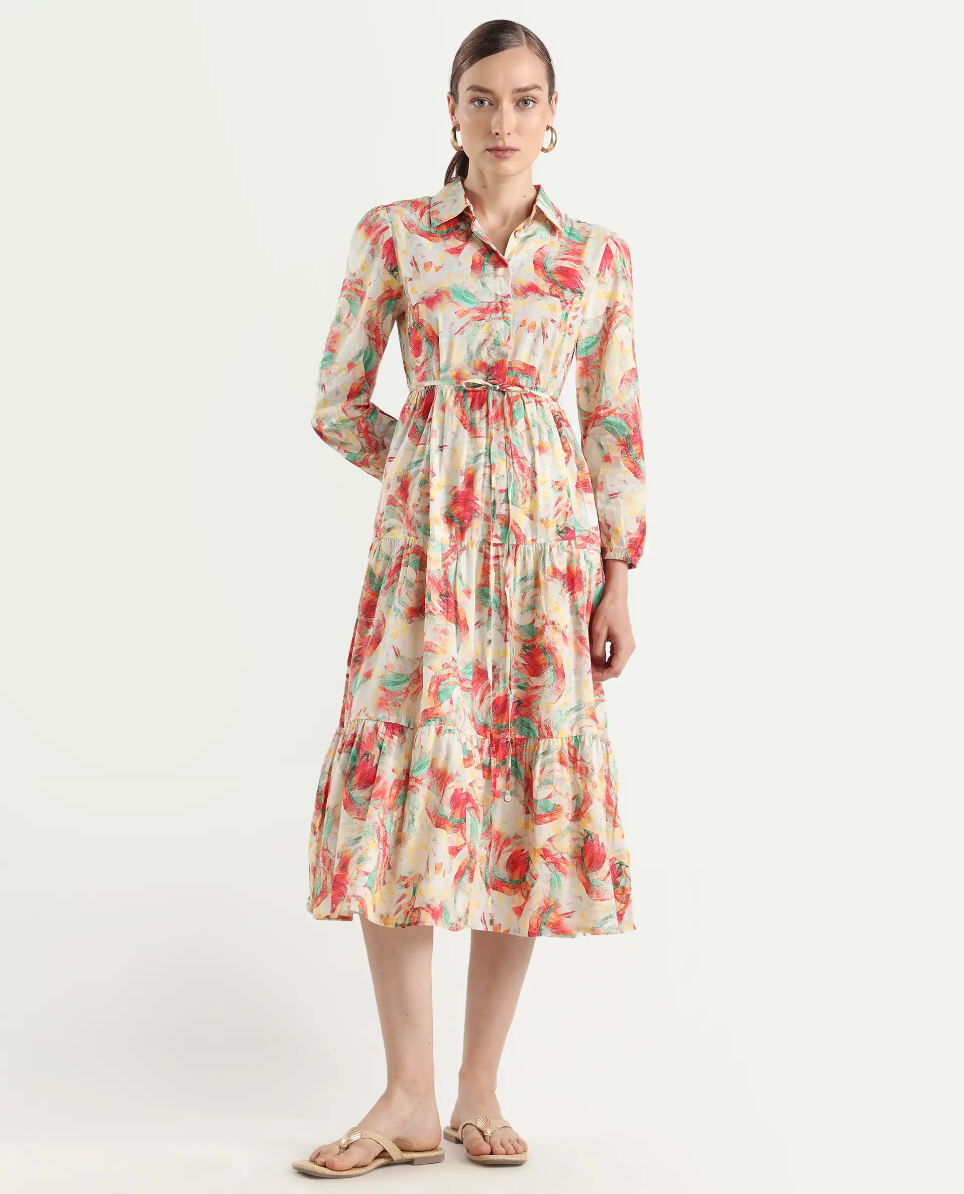 Rareism Women's Puebla Multi Cotton Drop Collar Abstract Print Bishop Sleeve Midi Fit And Flare Dress