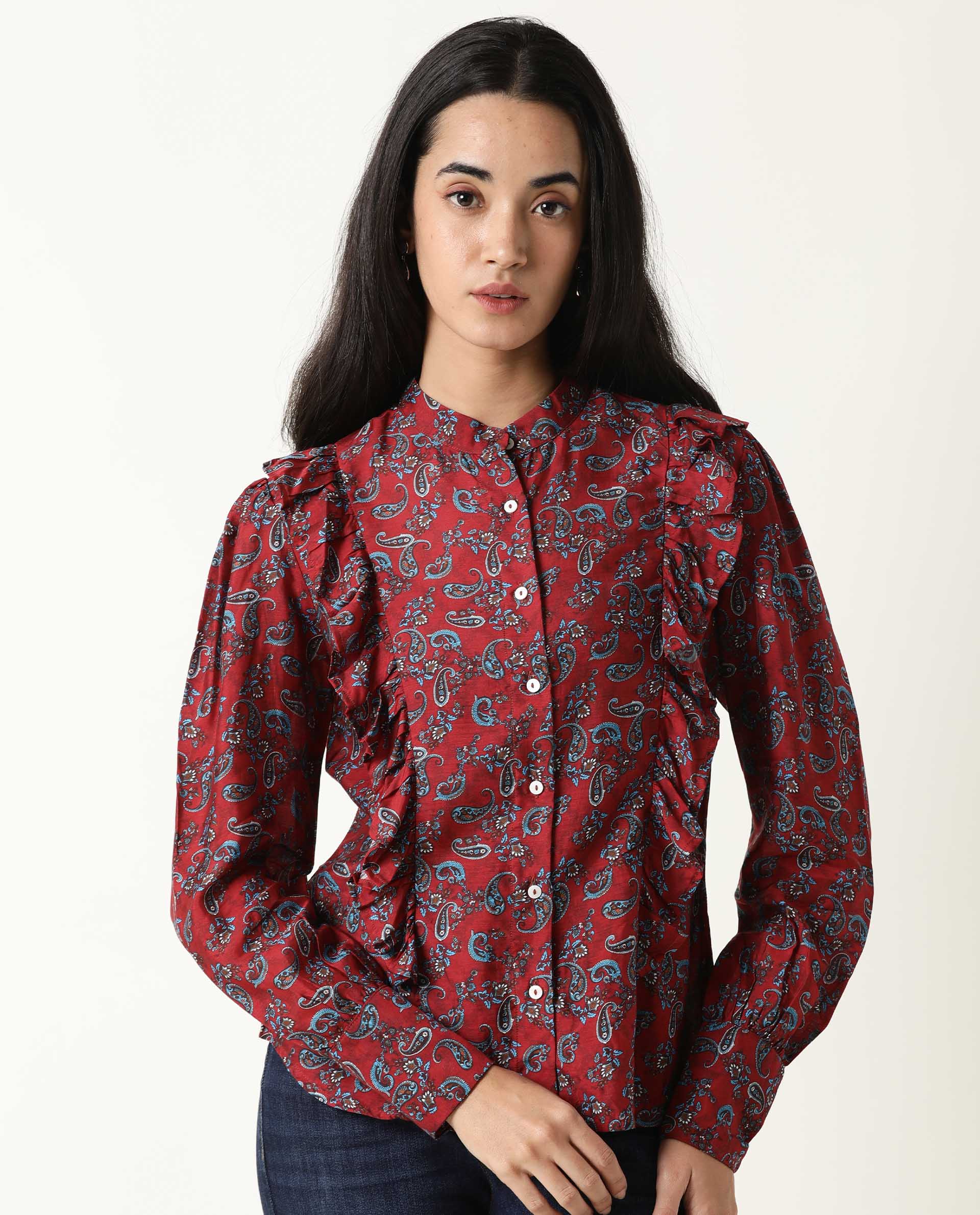 Rareism Women's Pumpkin Maroon Mandarin Collar Embroidered Regular Fit Top