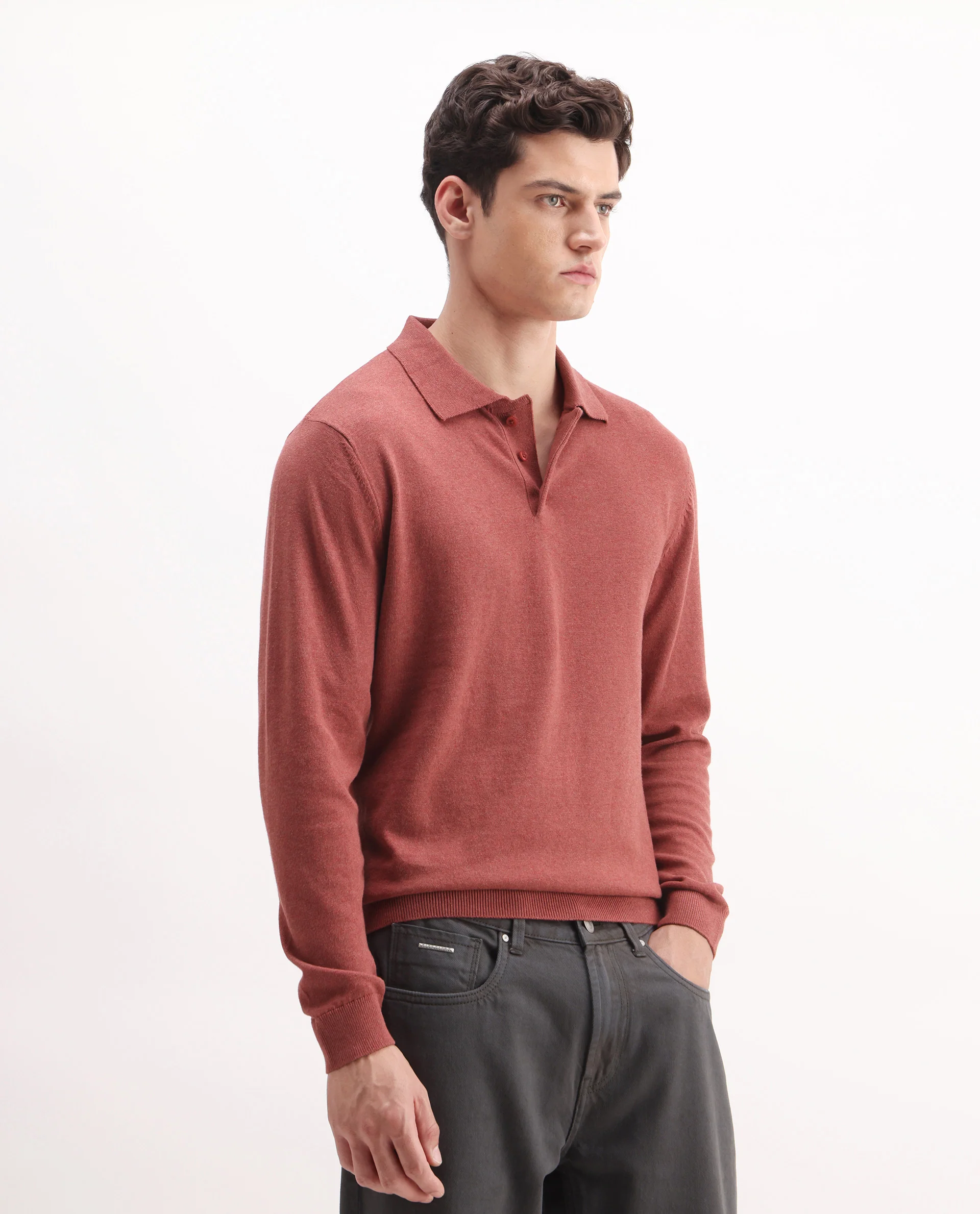 Rare Rabbit Men's Pyer-25 Rust Cotton Blend Fabric Collared Neck Regular Fit Plain Polo - Image 6