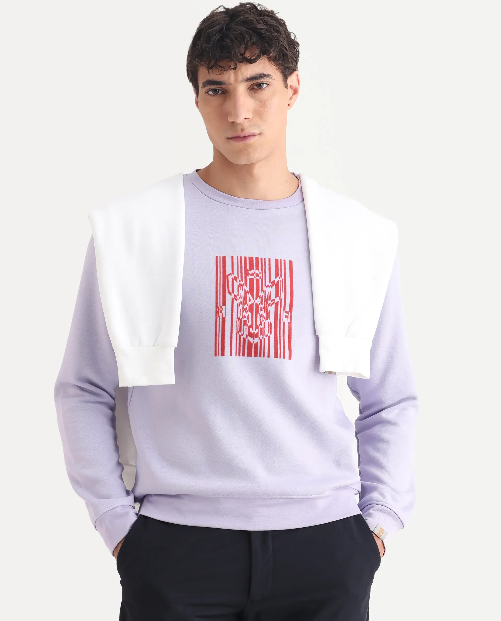 Rare Rabbit Men's Pysde Pastel Purple Cotton Graphic Print Relaxed Fit Full Sleeve Crew Neck Sweatshirt