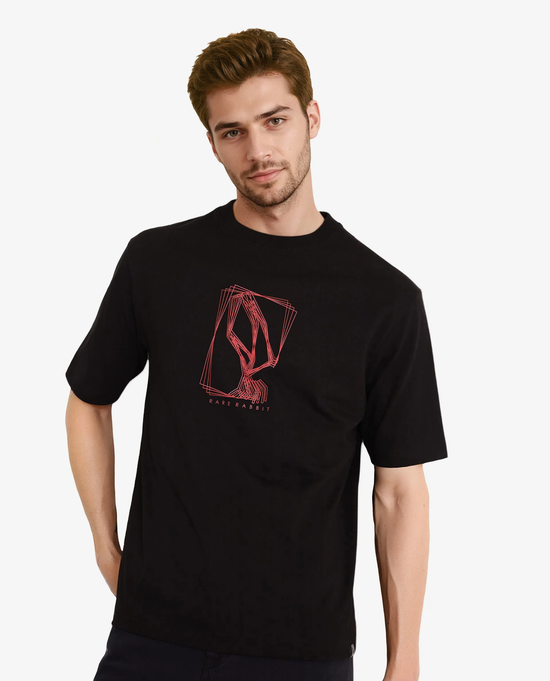 Rare Rabbit Men's Que Black Cotton Graphic Print Regular Fit Half Sleeve Crew Neck T-Shirt