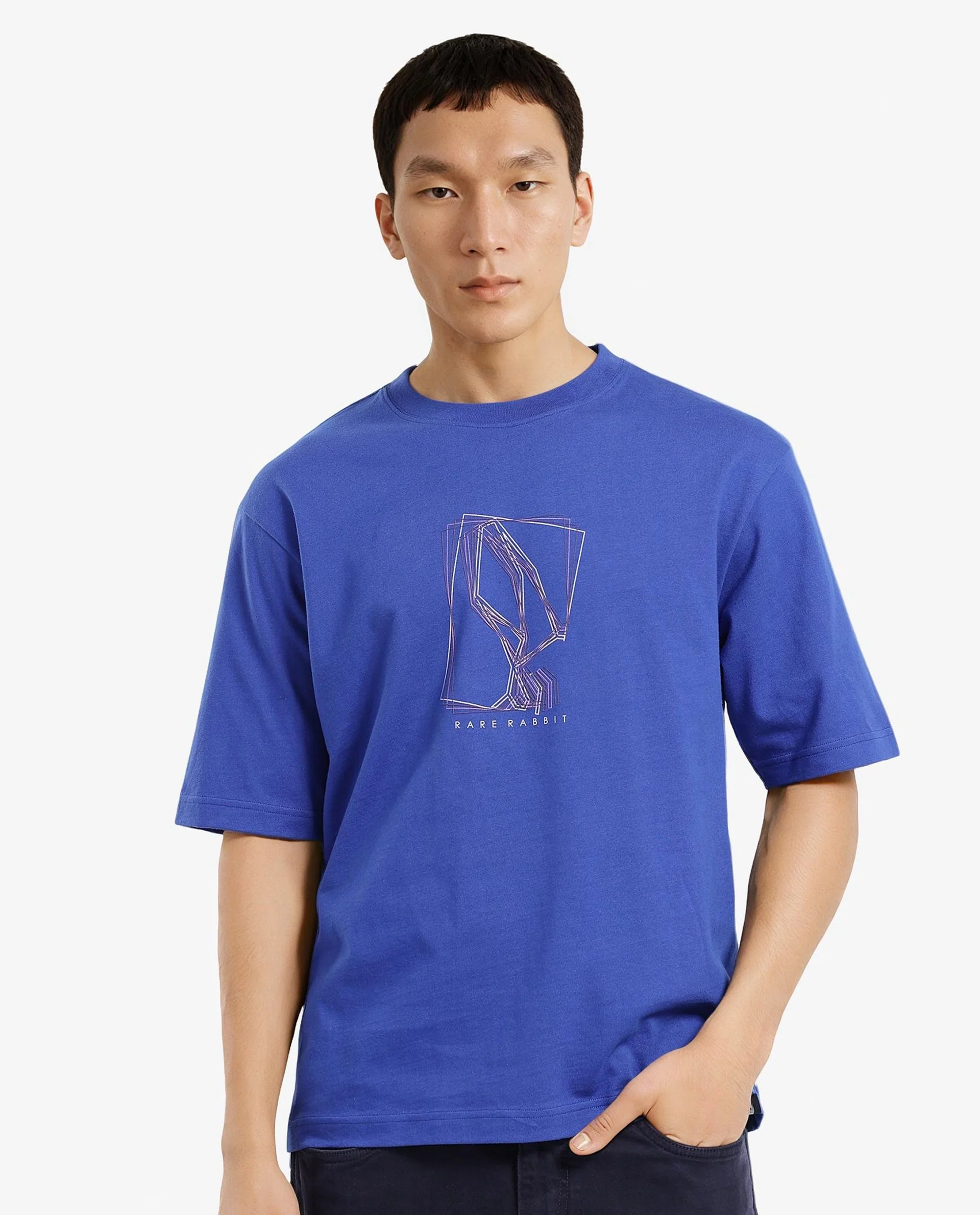Rare Rabbit Men's Que Blue Cotton Graphic Print Regular Fit Half Sleeve Crew Neck T-Shirt