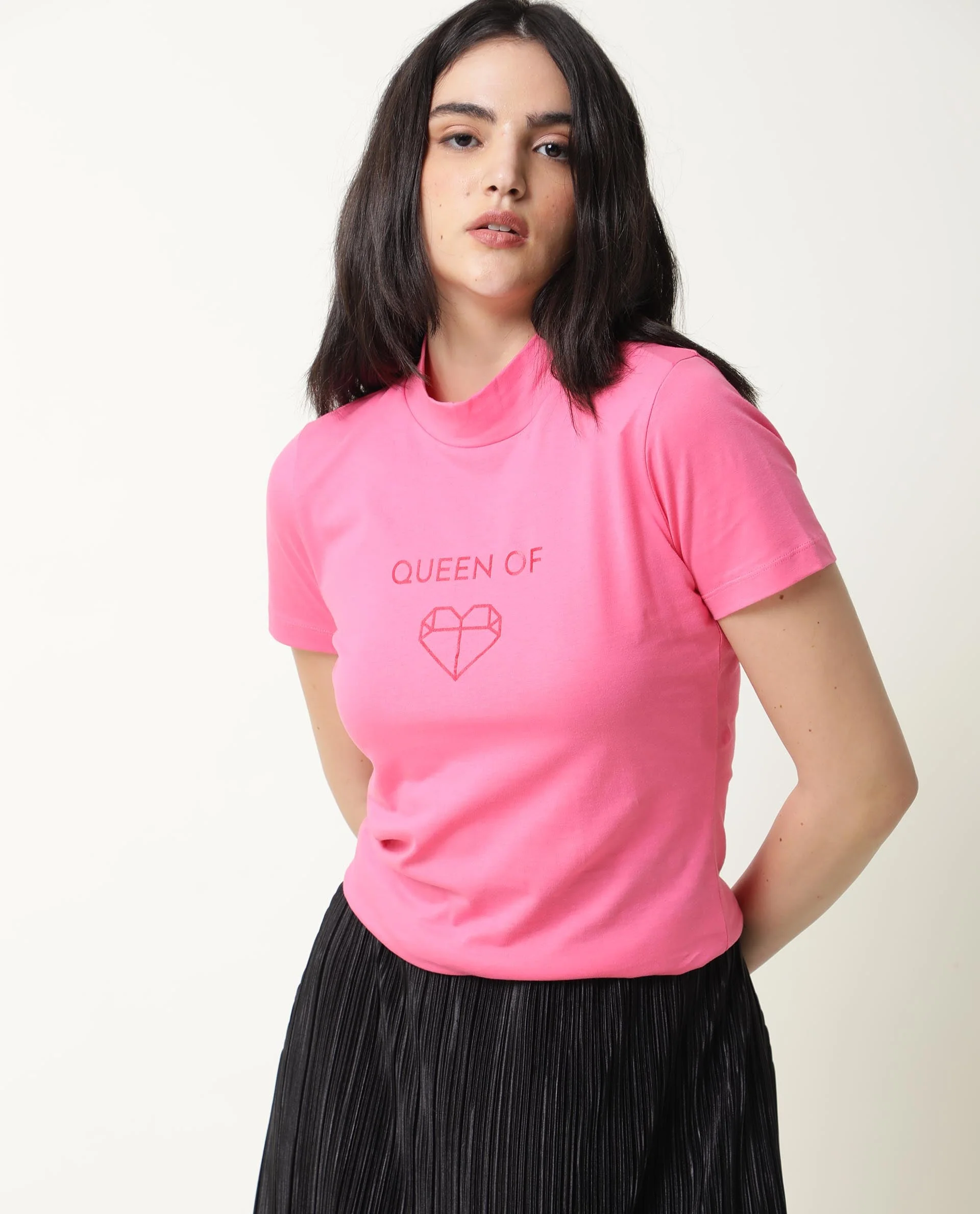 Rareism Women's Queenie Pink Polyester Blend Crew Neck Graphic Print Regular Fit T-Shirt