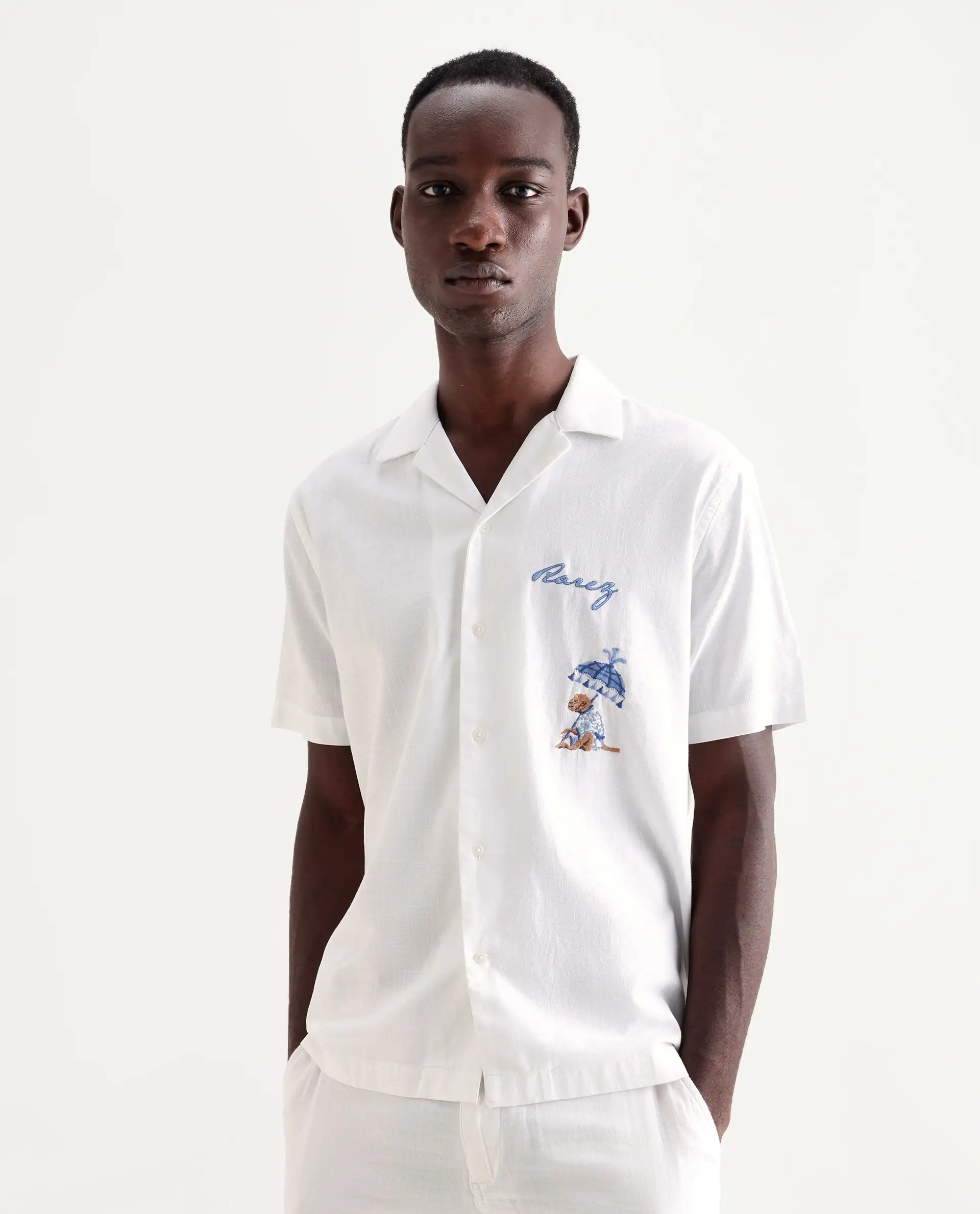 Rare Rabbit Men's Quentin White Embroidered Relaxed Fit Half Sleeve Cuban Collar Shirt