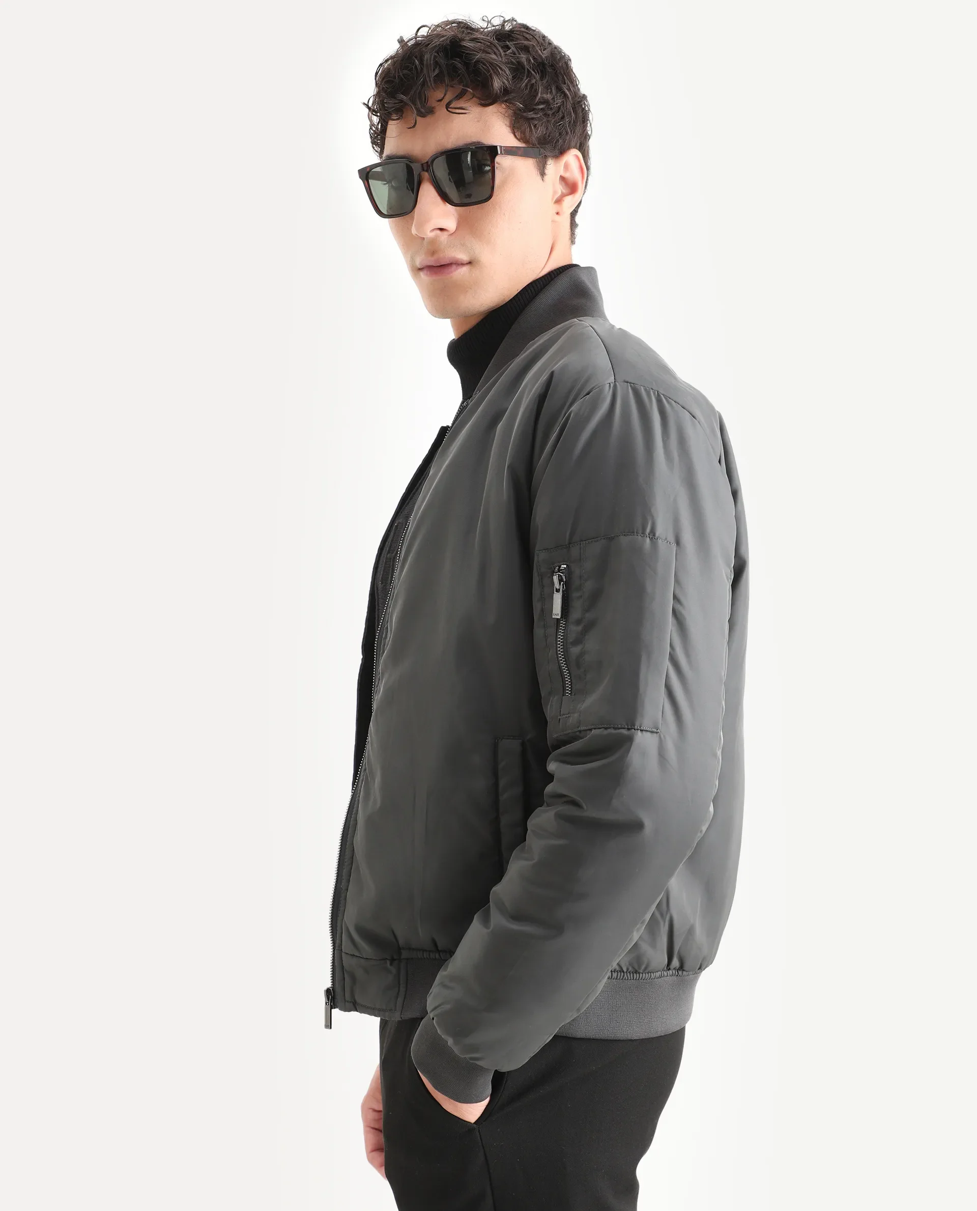 Rare Rabbit Men's Quoto Dark Grey Polyester Plain Regular Fit Full Sleeve Ribbed Collar Jacket