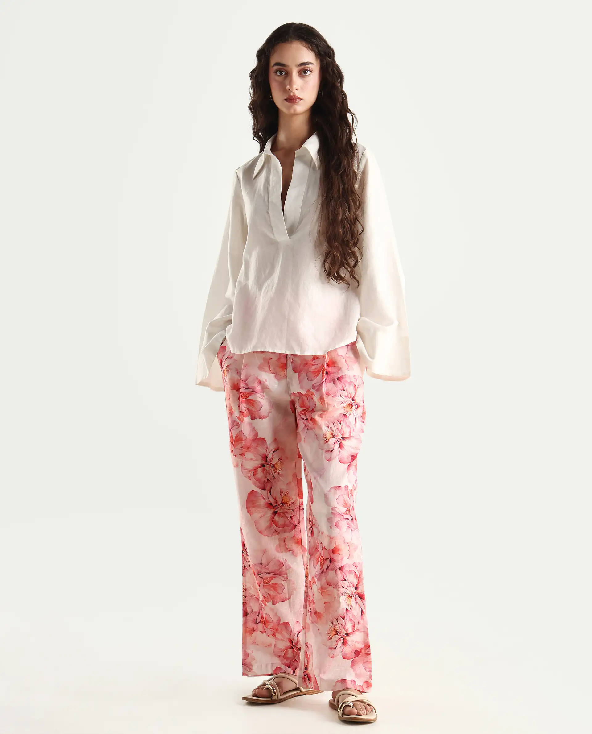 Rareism Women's Quzal Pink Cotton Blend Floral Print Ankle Length Straight Fit Trouser