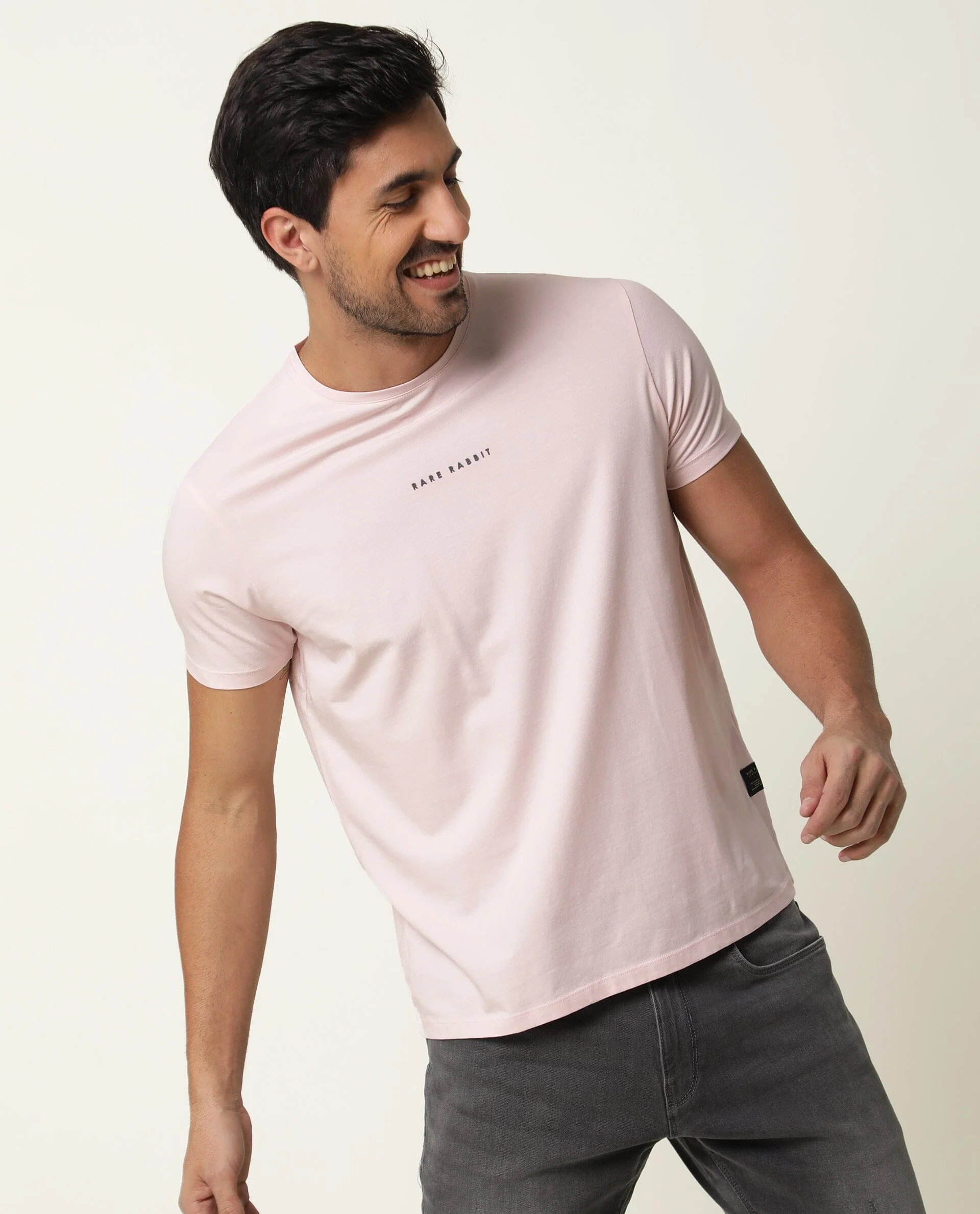 Rare Rabbit Men's Rabbi Light Pink Cotton Plain Slim Fit Half Sleeve Crew Neck T-Shirt