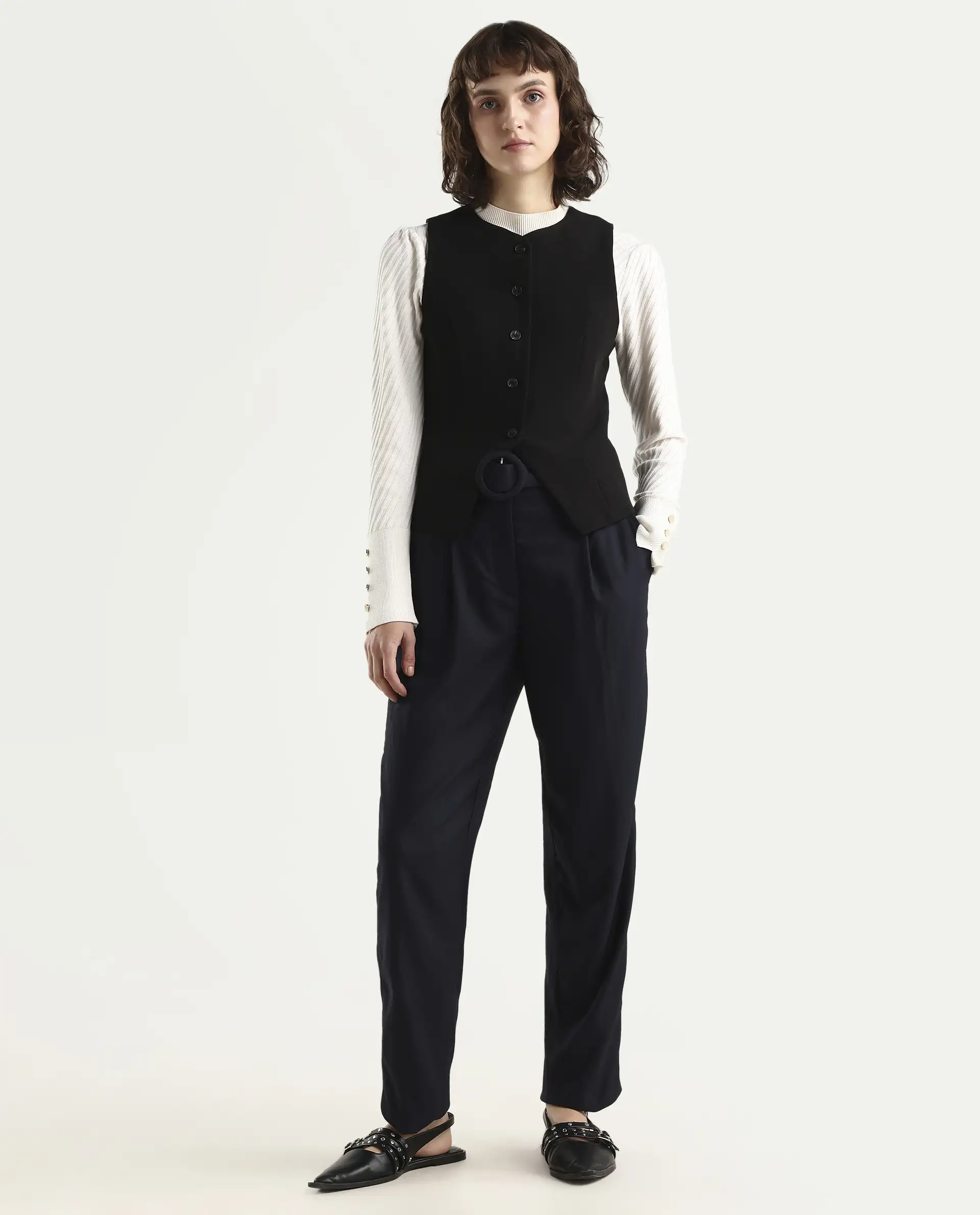 Rareism Women's Rachel Black Polyester Blend Plain Ankle Length Tailored Trouser