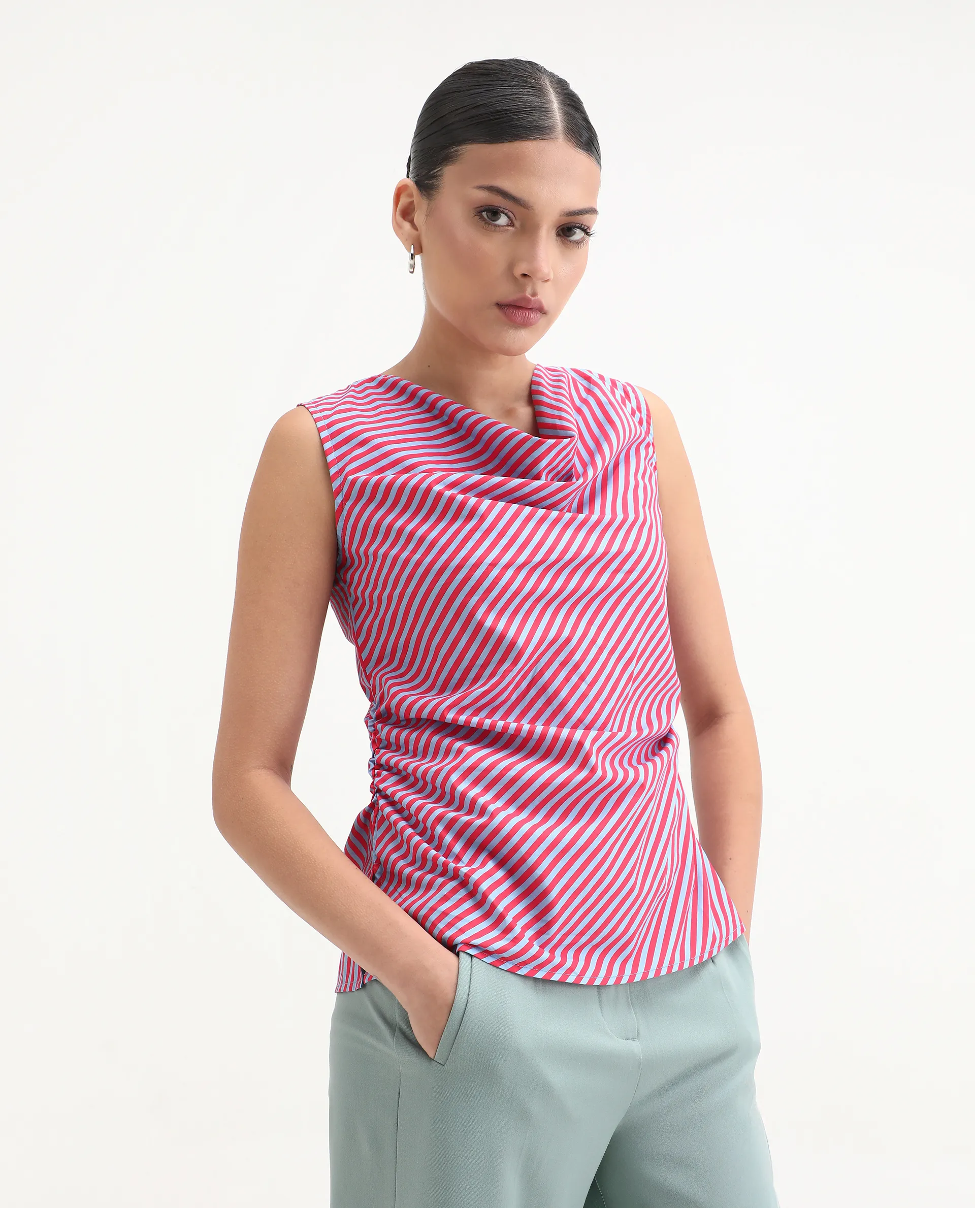 Rareism Women's Radar Light Blue Cotton Cowl Neck Striped Sleeveless Regular Fit Top