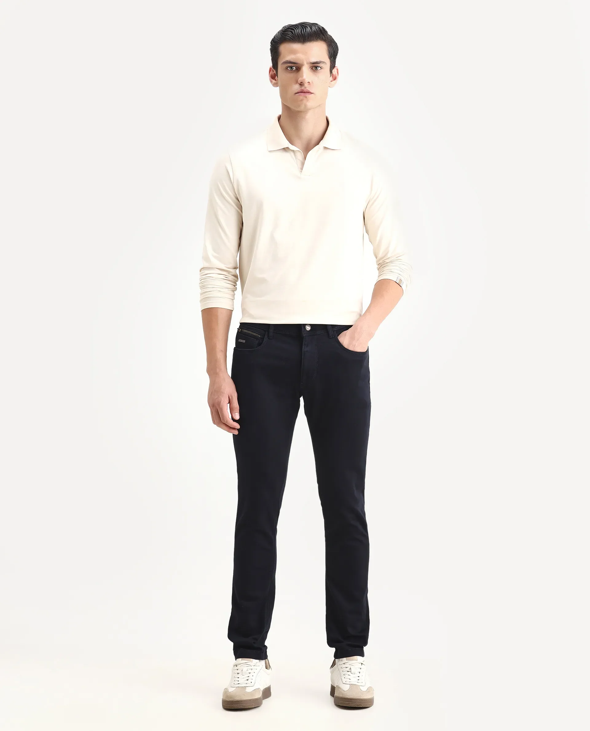 Rare Rabbit Men's Radley Navy Cotton Plain Hawk Slim Fit Jeans