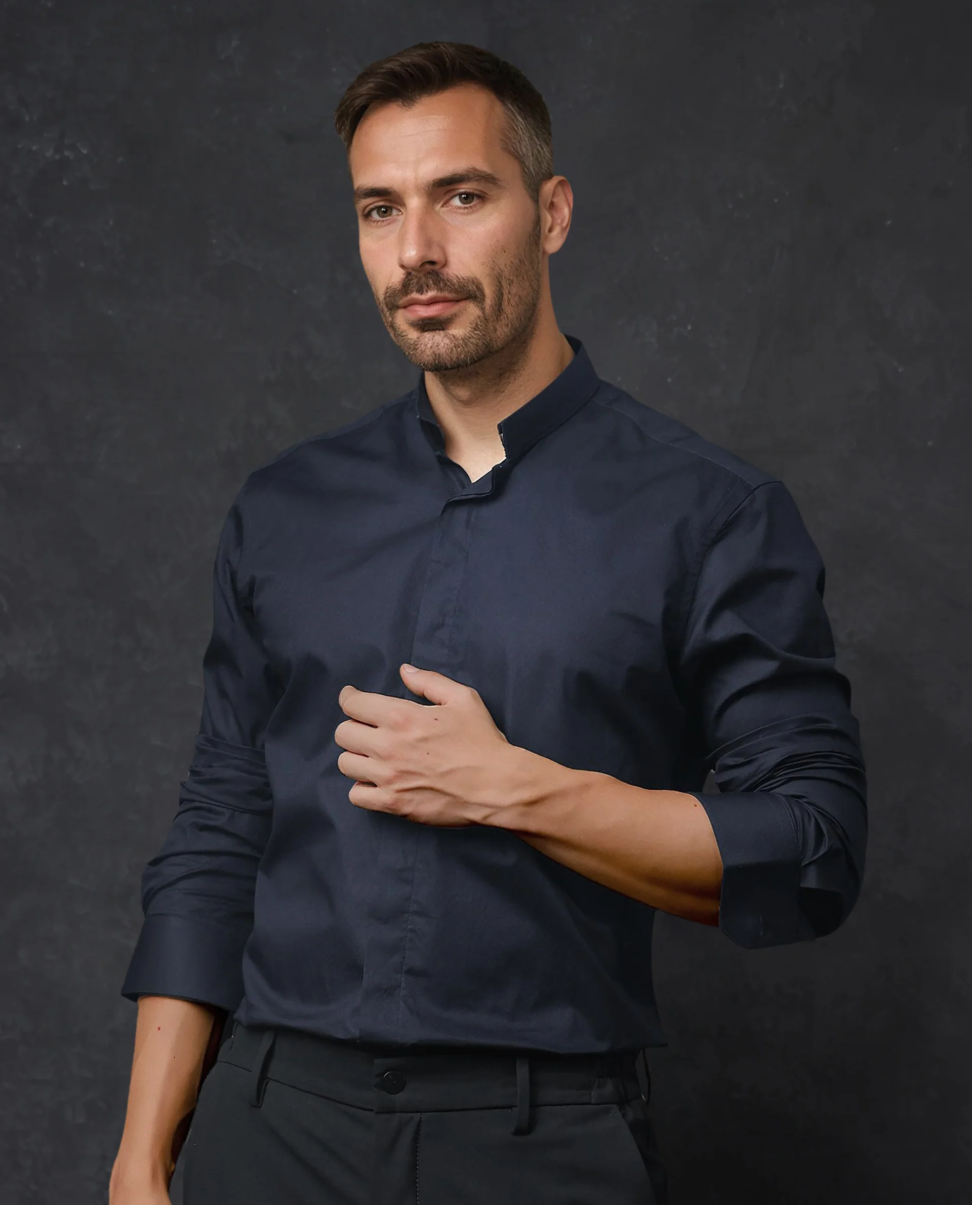 Rare Rabbit Men's Radon Navy Cotton Plain Tailored Fit Full Sleeve Mandarin Collar Shirt
