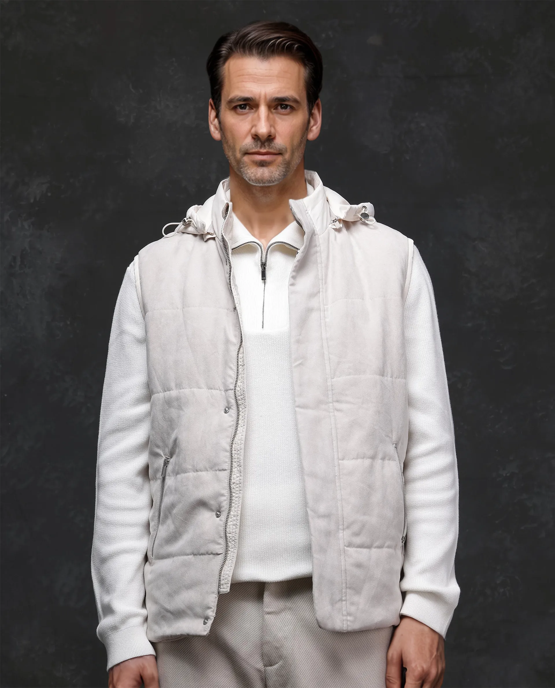 Rare Rabbit Men's Raldo -2 Off White Polyester Plain Regular Fit Sleeveless High Neck Jacket
