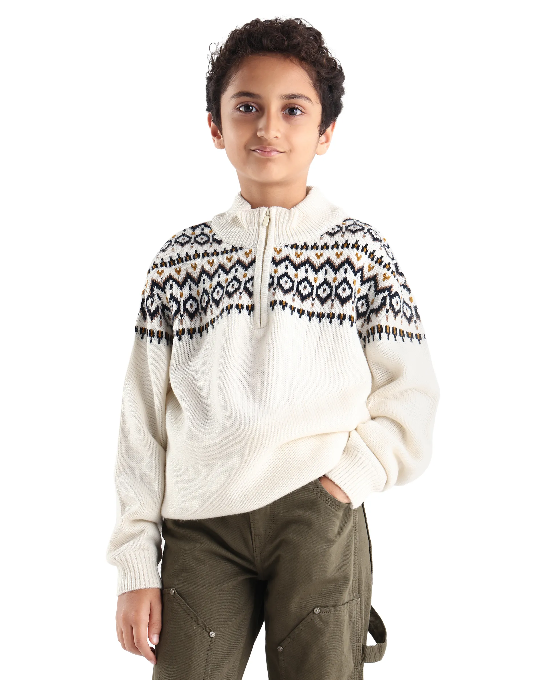 Rare Ones Kids Pato Off White Cotton Solid Slip-On Closure Relaxed Fit Sweater