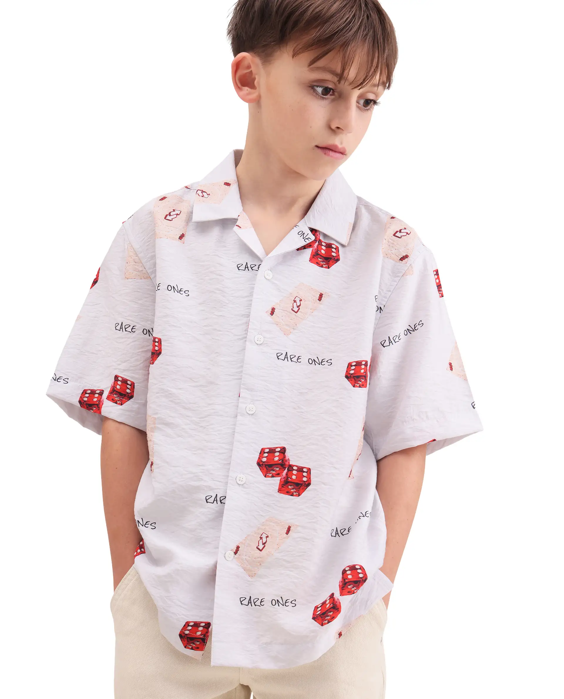 Rare Ones Kids Dice White Viscose Blend Fabric Button Closure Regular Fit Shirt