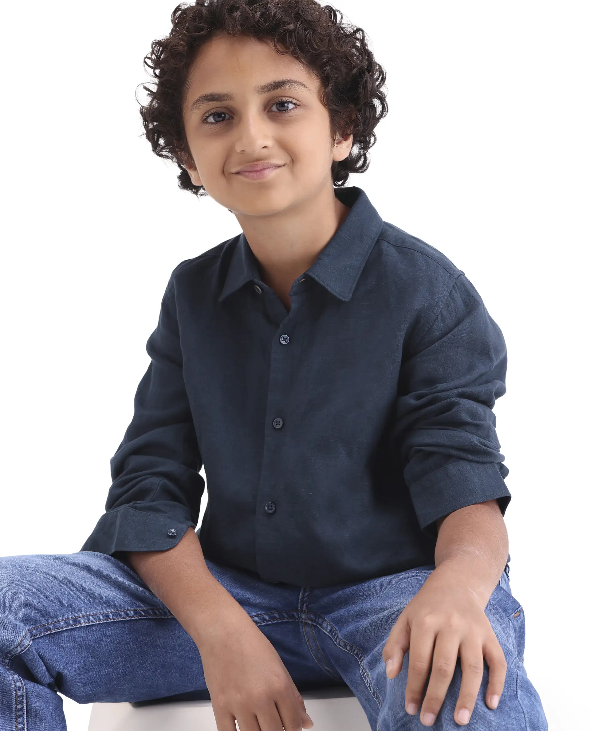 Rare Ones Kids Lino-Fs Dark Navy Linen Blend Button Closure Regular Fit Shirt