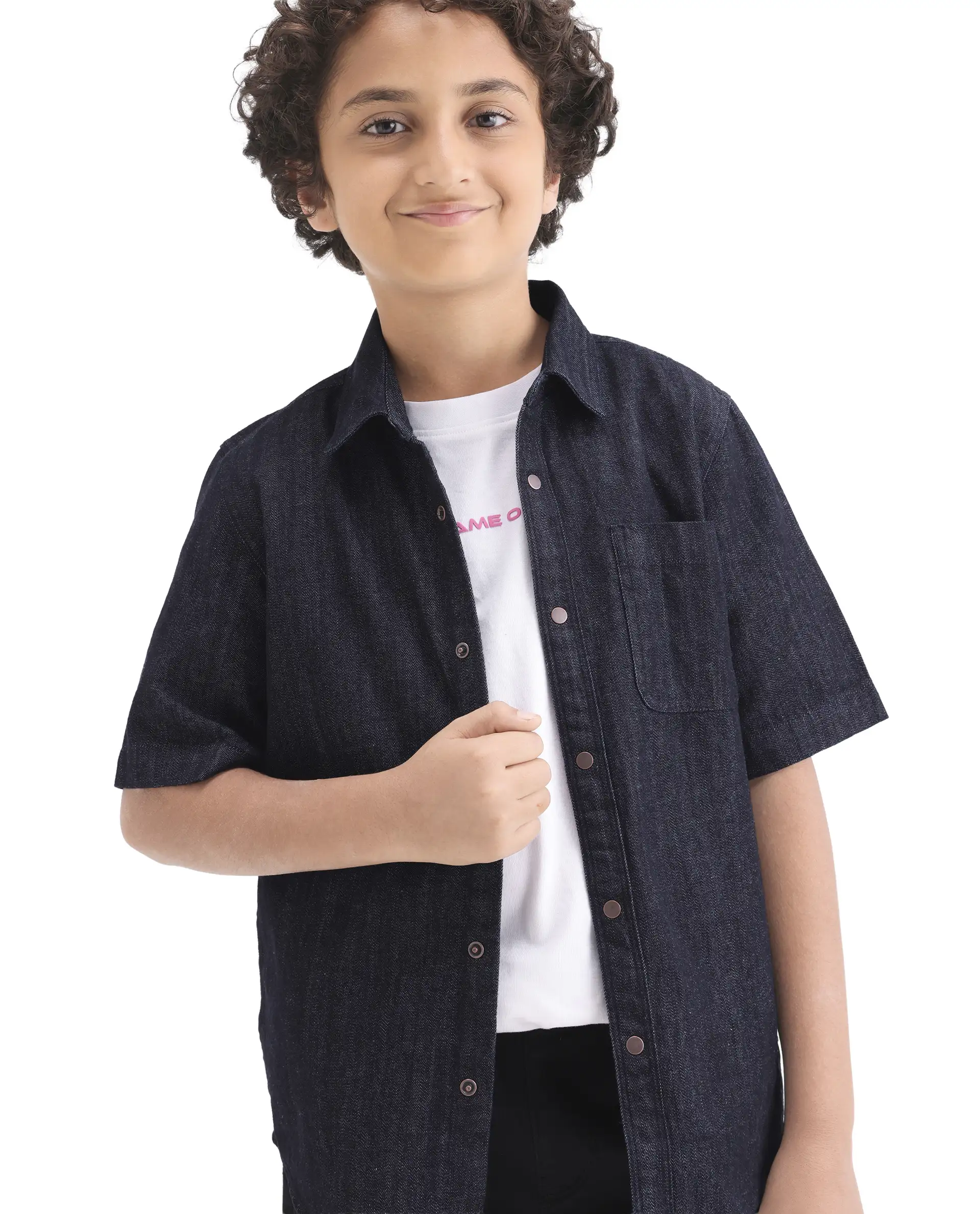 Rare Ones Kids Rocat-Hs Dark Blue Cotton Snap Button Closure Regular Fit Shirt