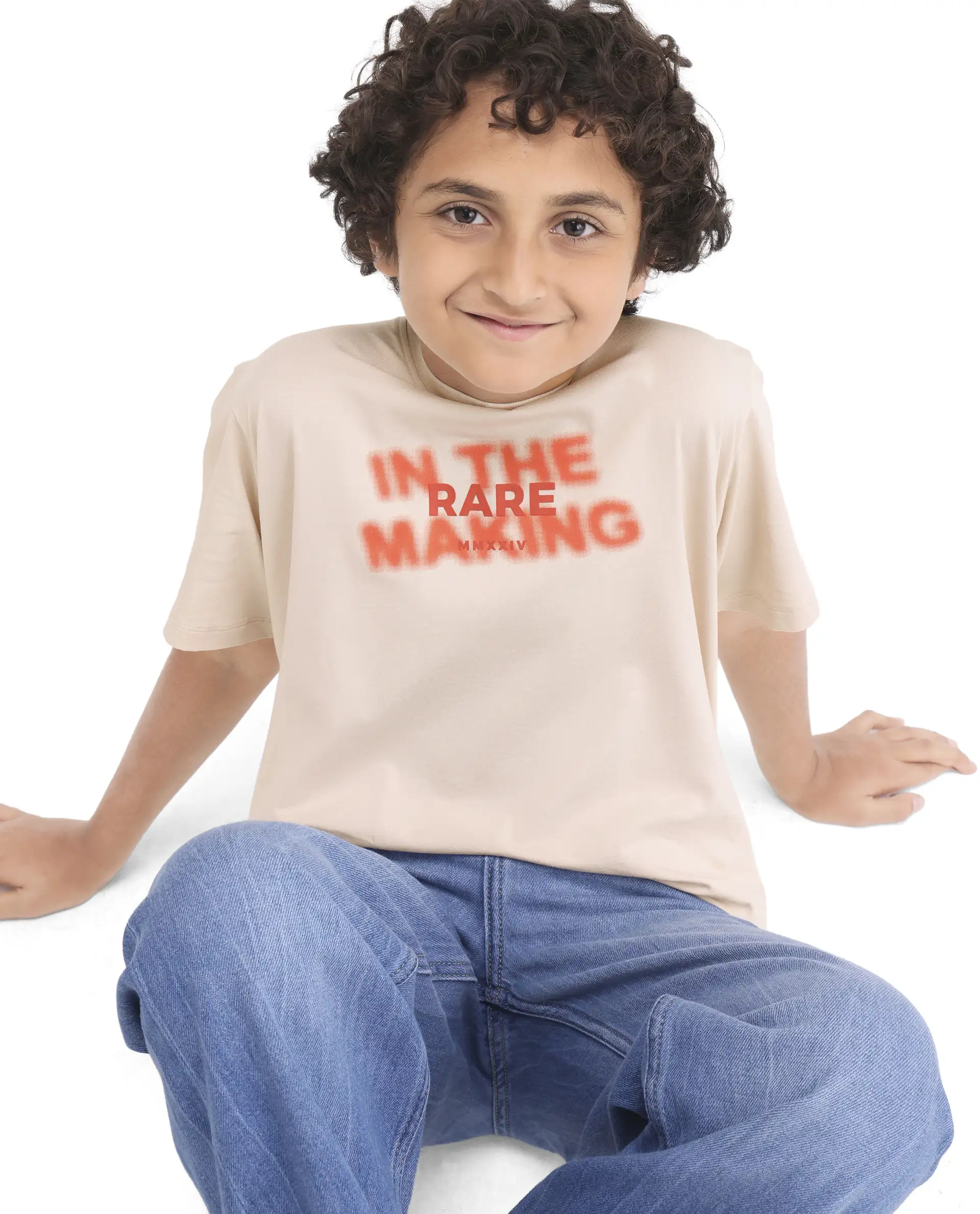 Rare Ones Kids Cago Light Beige Cotton Blend Pull-On Closure Hd Print Regular Fit T-Shirt