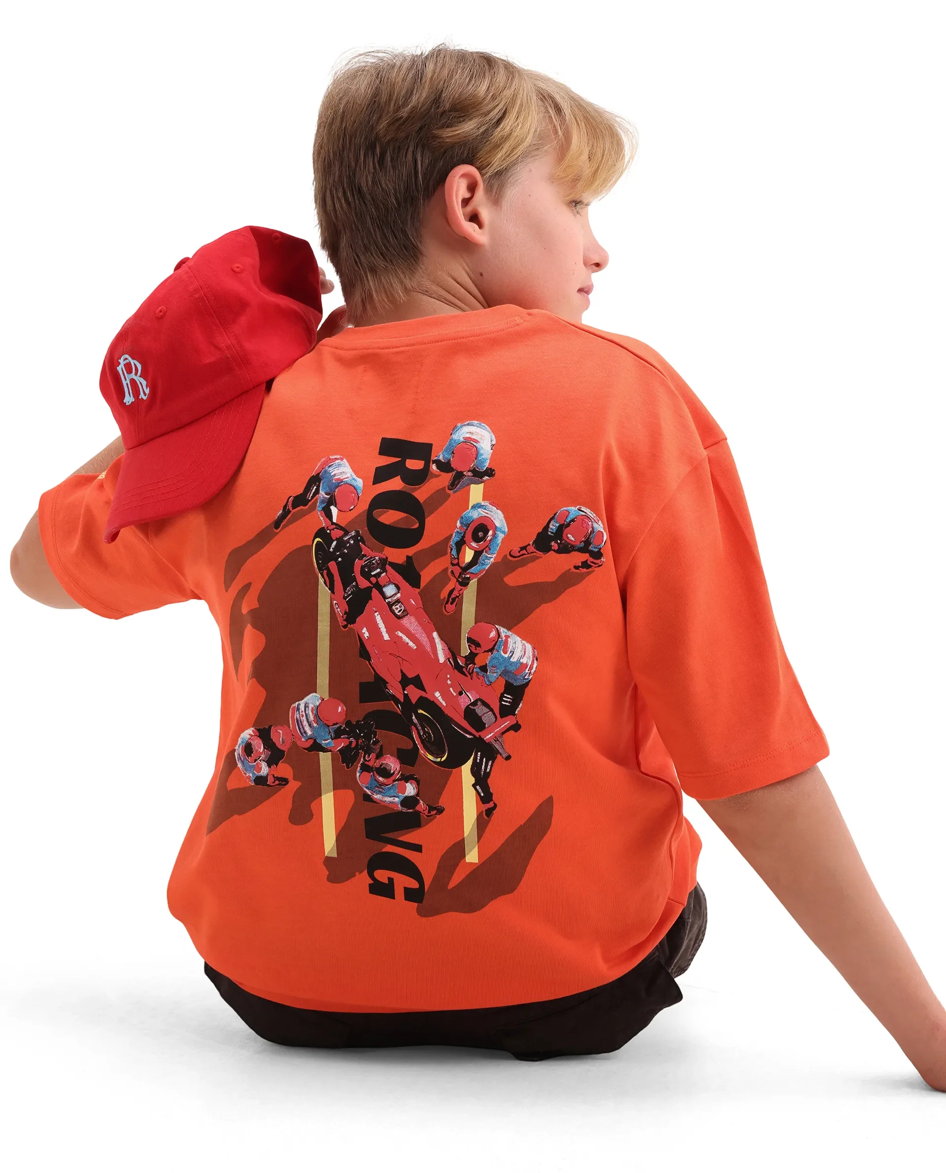 Rare Ones Kids Pite Orange Cotton Pull-On Closure Puff Print Oversized Fit T-Shirt