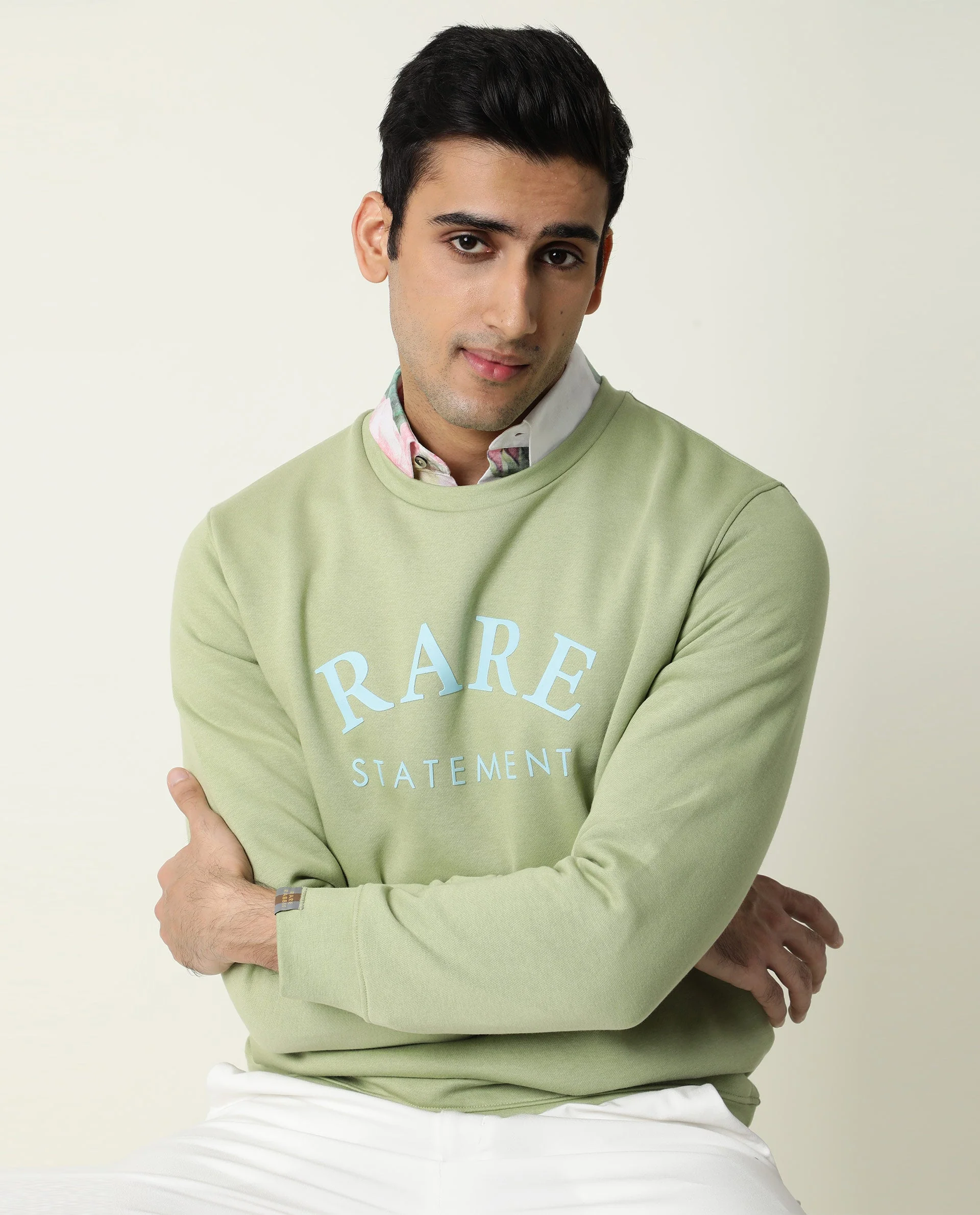 Rare Rabbit Men's Raven Green Cotton Graphic Print Relaxed Fit Full Sleeve Crew Neck Sweatshirt