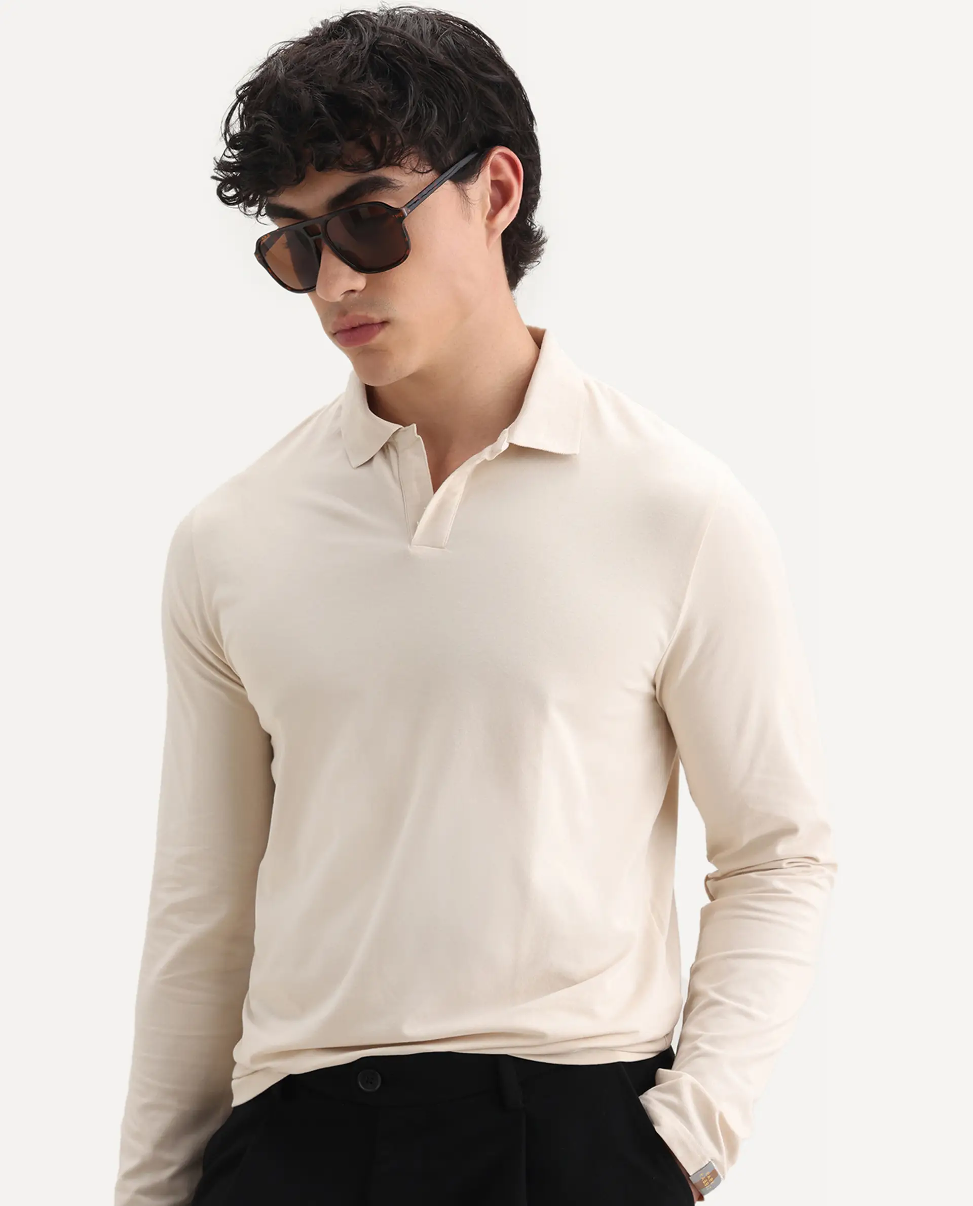 Rare Rabbit Men's Reborn-1 Off White Cotton Plain Regular Fit Full Sleeve Polo