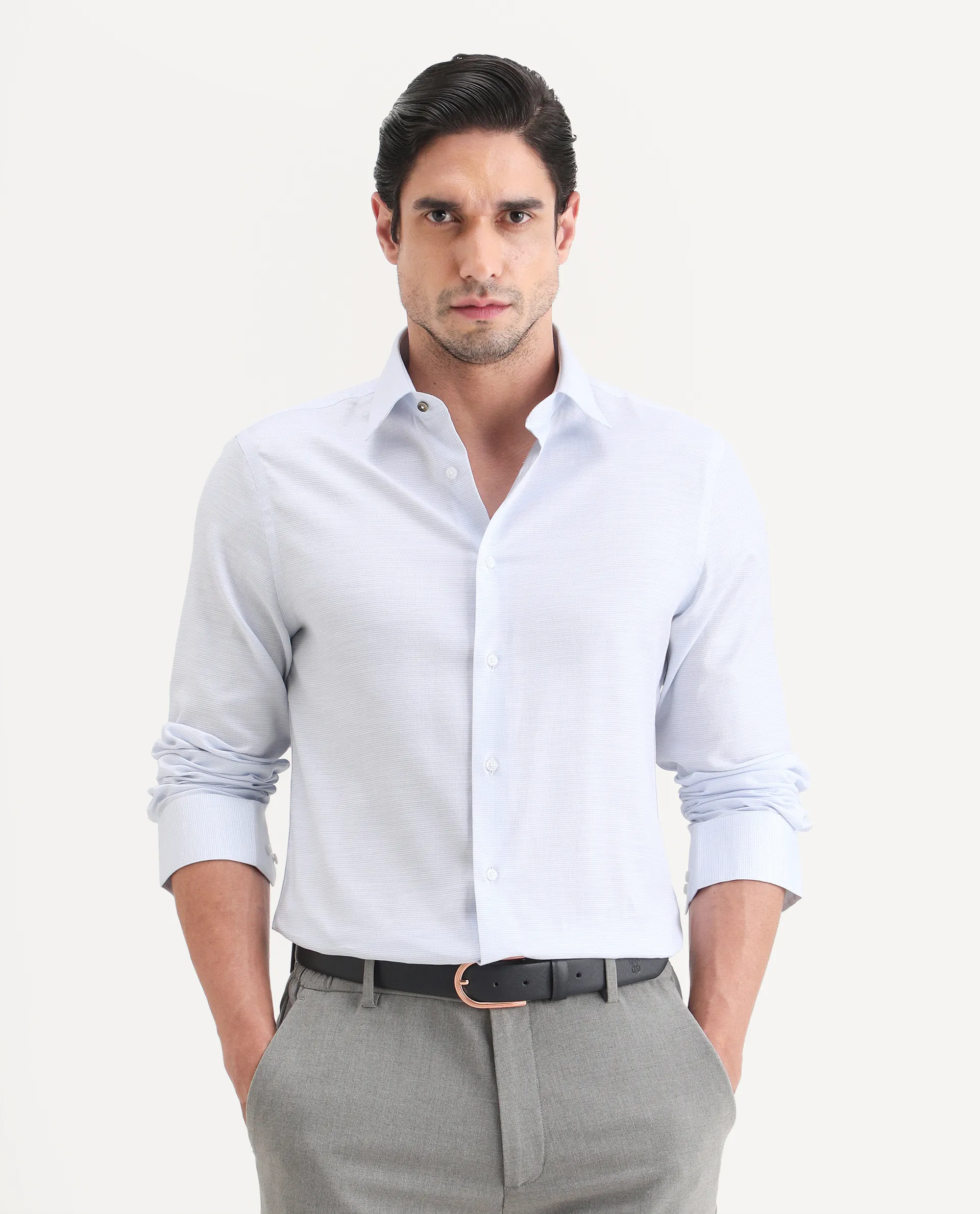 Rare Rabbit Men's Reef Light Blue Cotton Fabric Full Sleeve Spread Collar Button Regular Plain Shirt