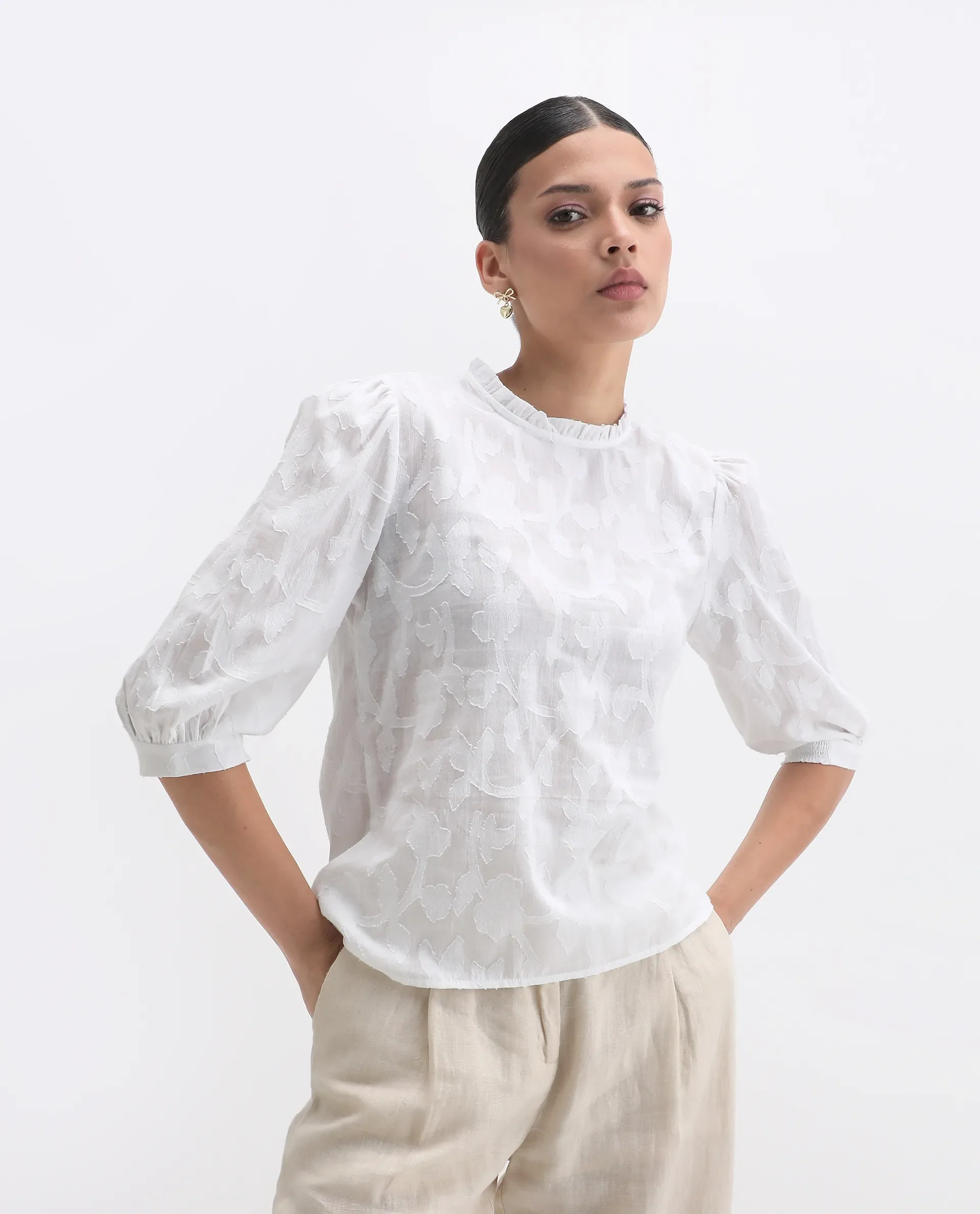 Rareism Women's Reis White Cotton Blend Crew Neck Plain Puff Sleeves Regular Fit Top
