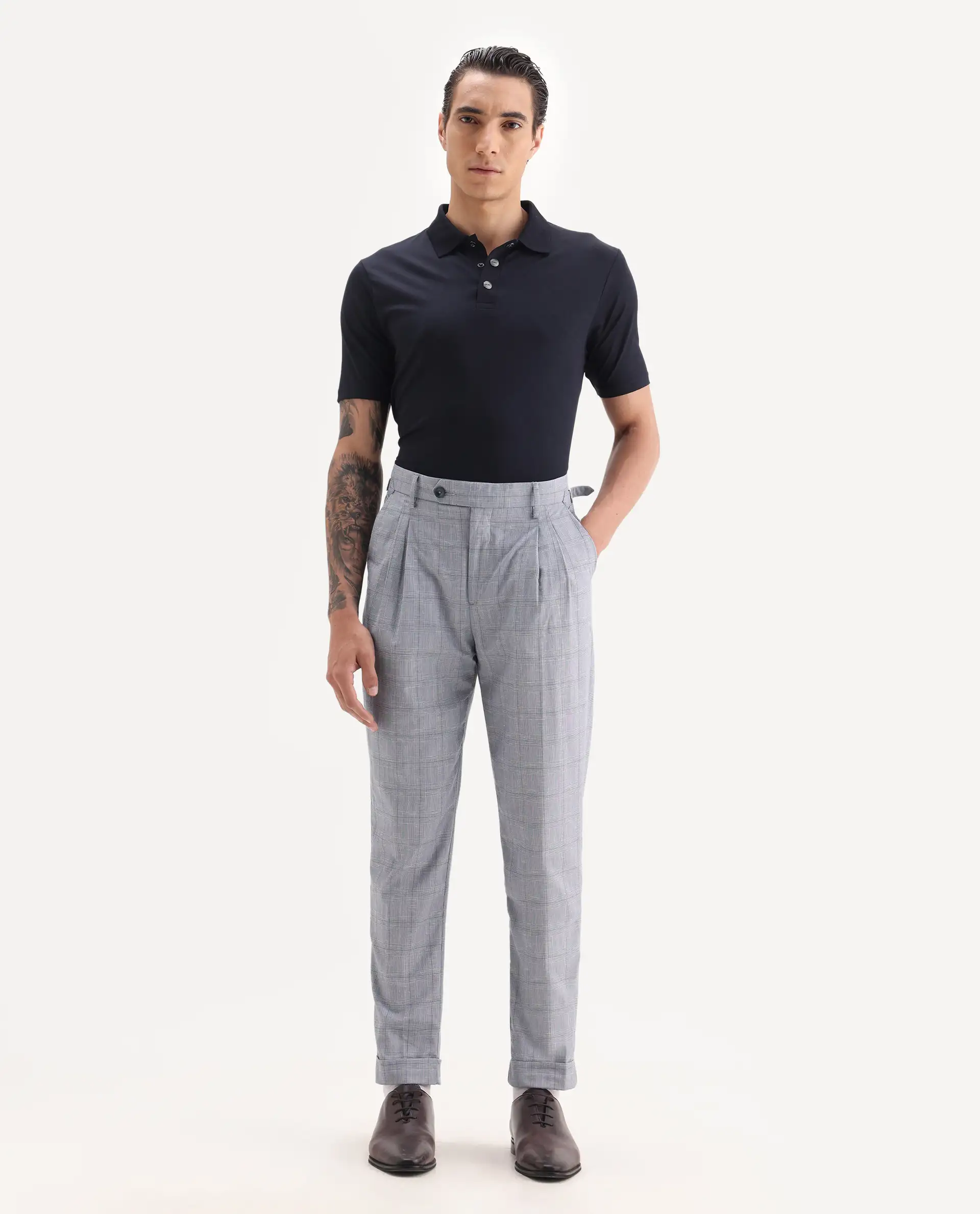 Rare Rabbit Men's Renot Blue Cotton Checked Print Regular Fit Trouser