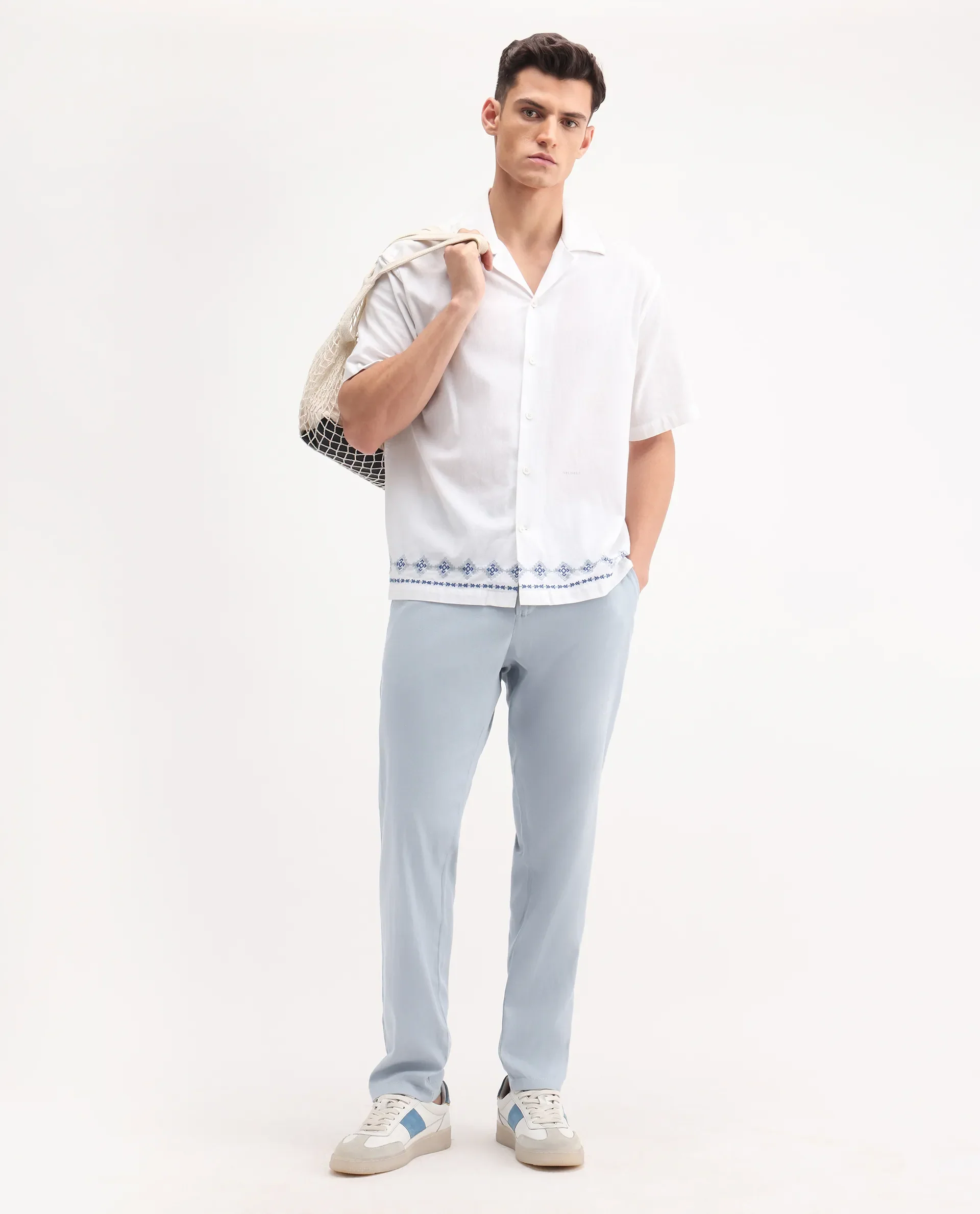 Rare Rabbit Men's Reric Pastel Blue Linen Blend Plain Regular Fit Trouser