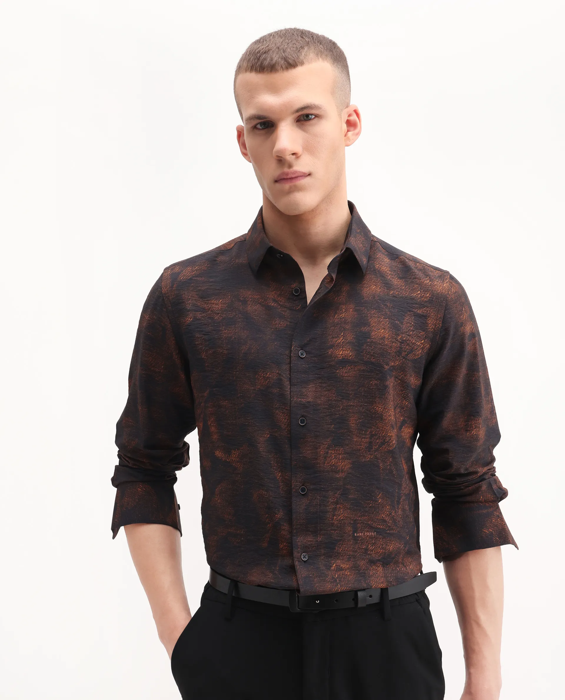 Rare Rabbit Men's Retro Dusky Brown Viscose Blend Abstract Print Regular Fit Full Sleeve Collared Shirt