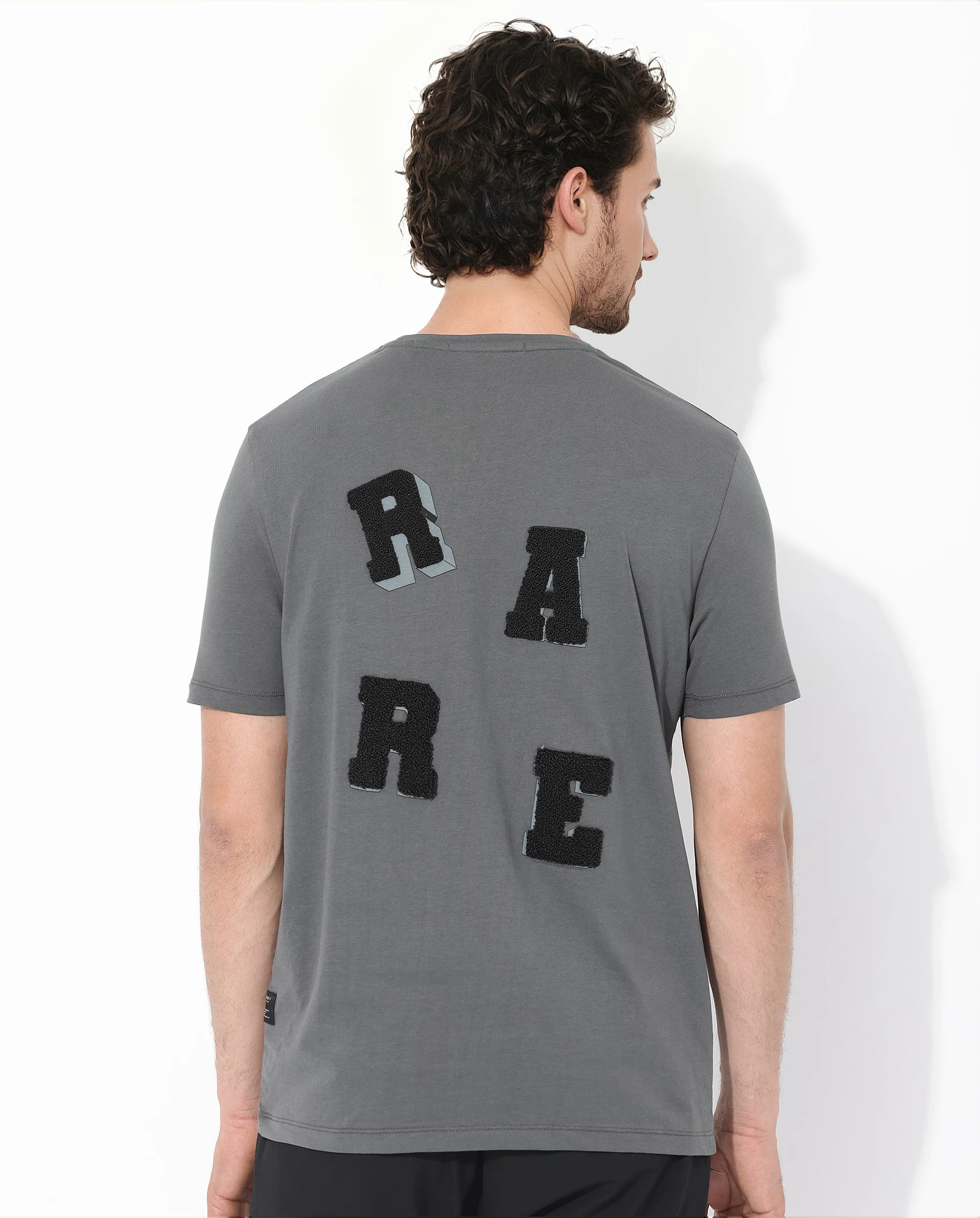 Rare Rabbit Articale Men's Rev Grey Cotton Lycra Fabric Short Sleeve Crew Neck Graphic Print T-Shirt