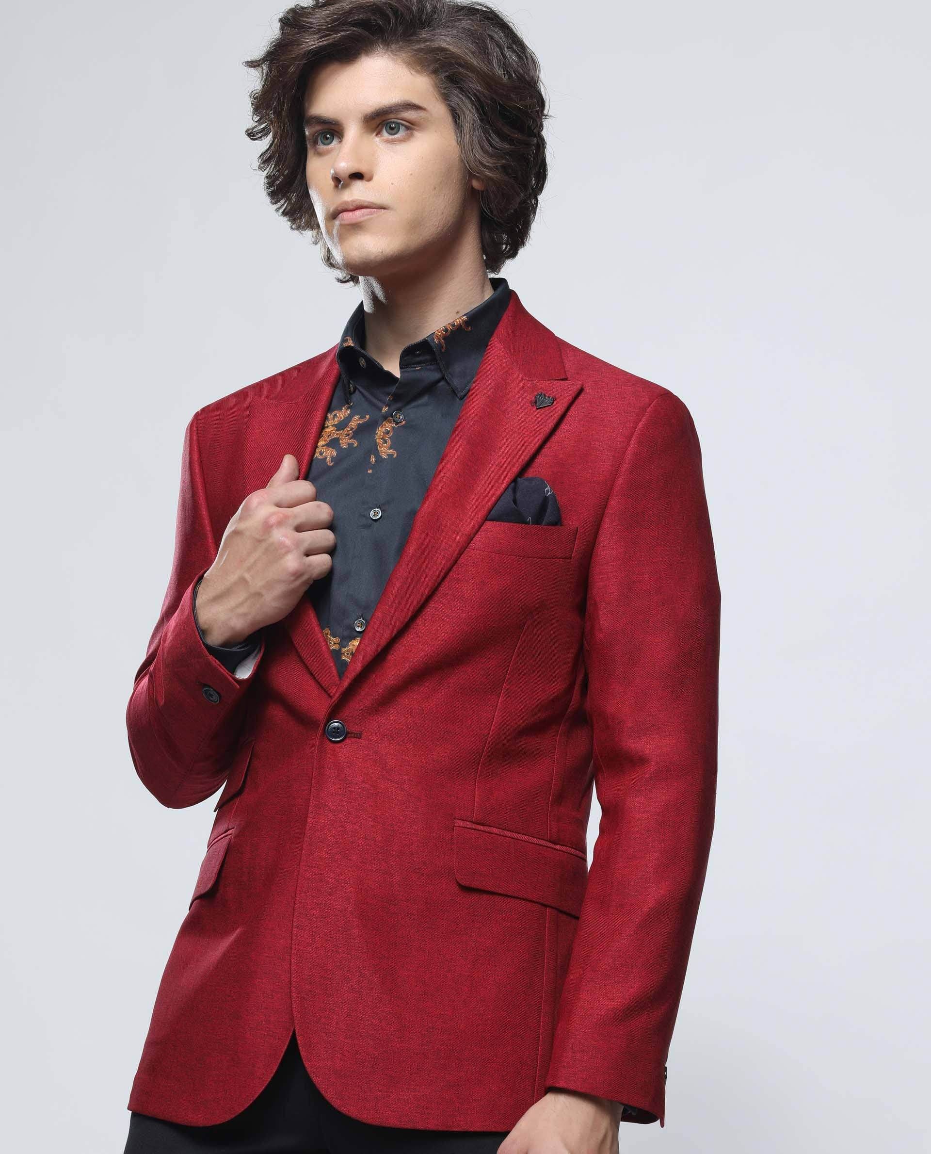 Rare Rabbit Men's Rewind Red Polyester Tailored Fit Full Sleeve Lapel Neck Blazer
