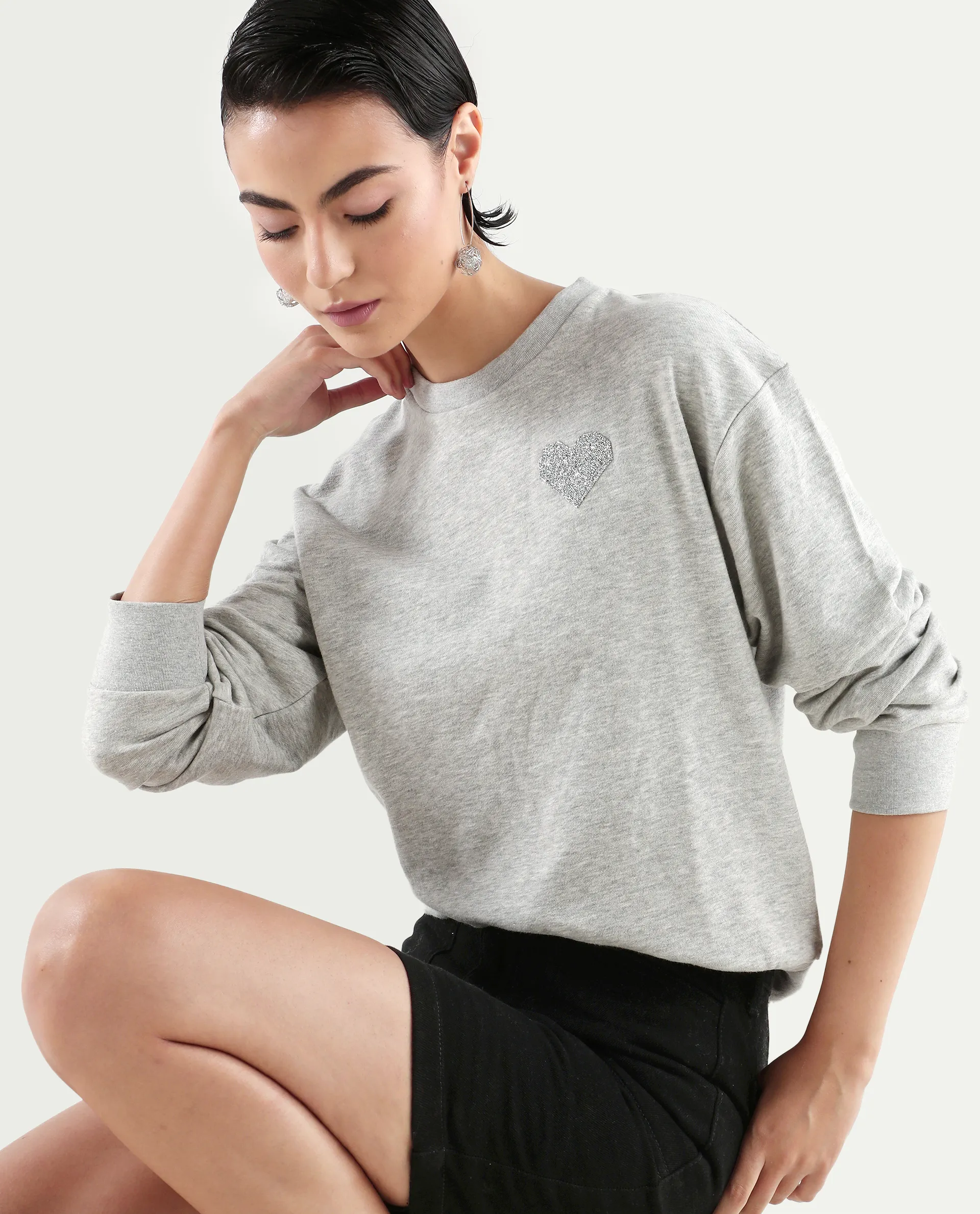 Rareism Women's Rhink Melange Cotton Blend Hooded Plain Relaxed Fit Sweatshirt