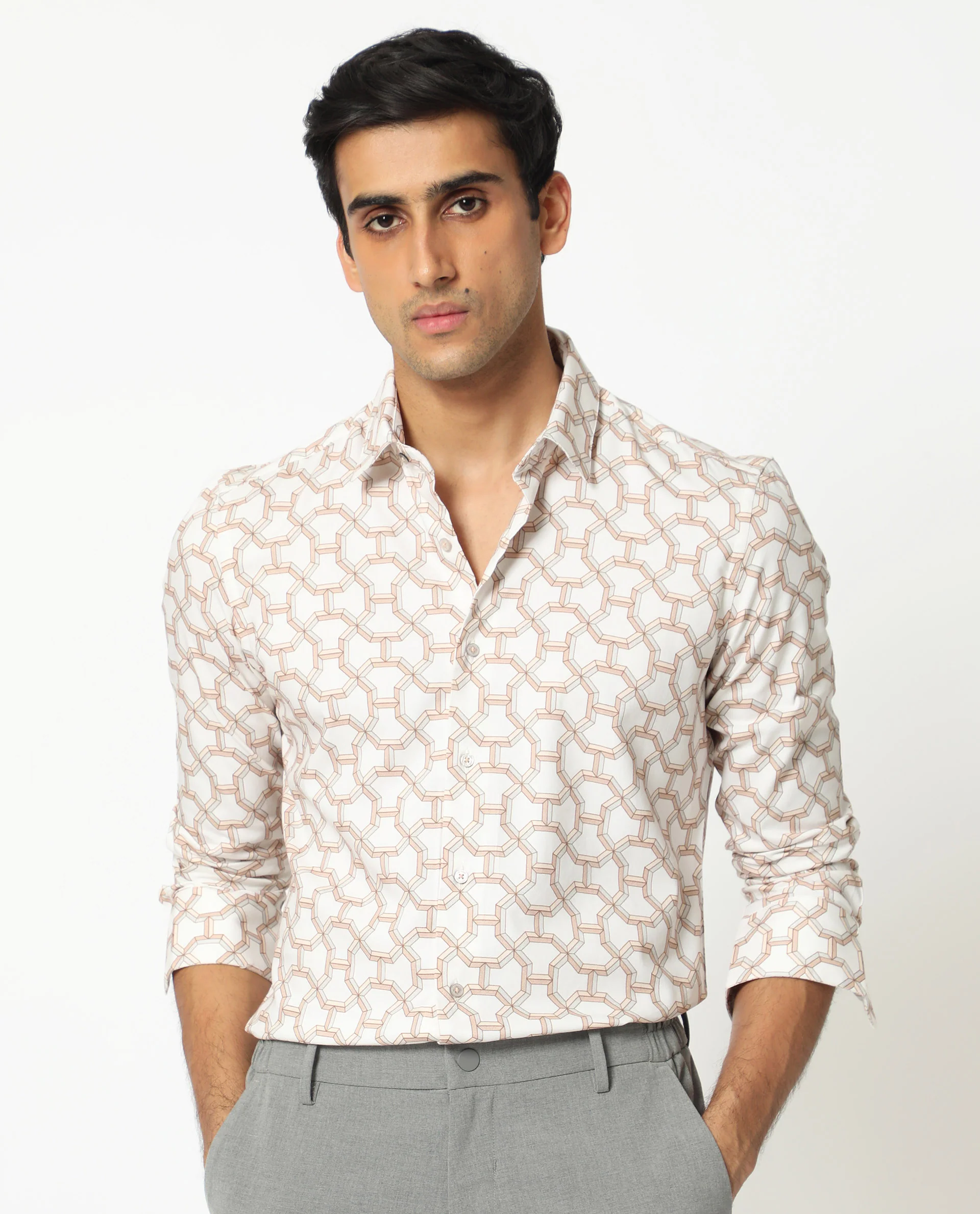 Rare Rabbit Men's Rhone Beige Cotton Geometric Print Regular Fit Full Sleeve Collared Shirt