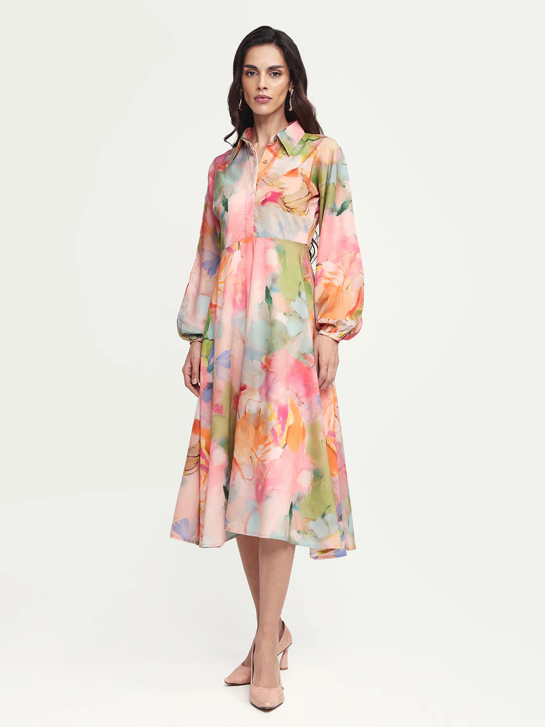 Rareism Women's Rhun Multi Polyester Blend Spread Collar Abstract Print Cuffed Sleeve Midi Fit And Flare Dress