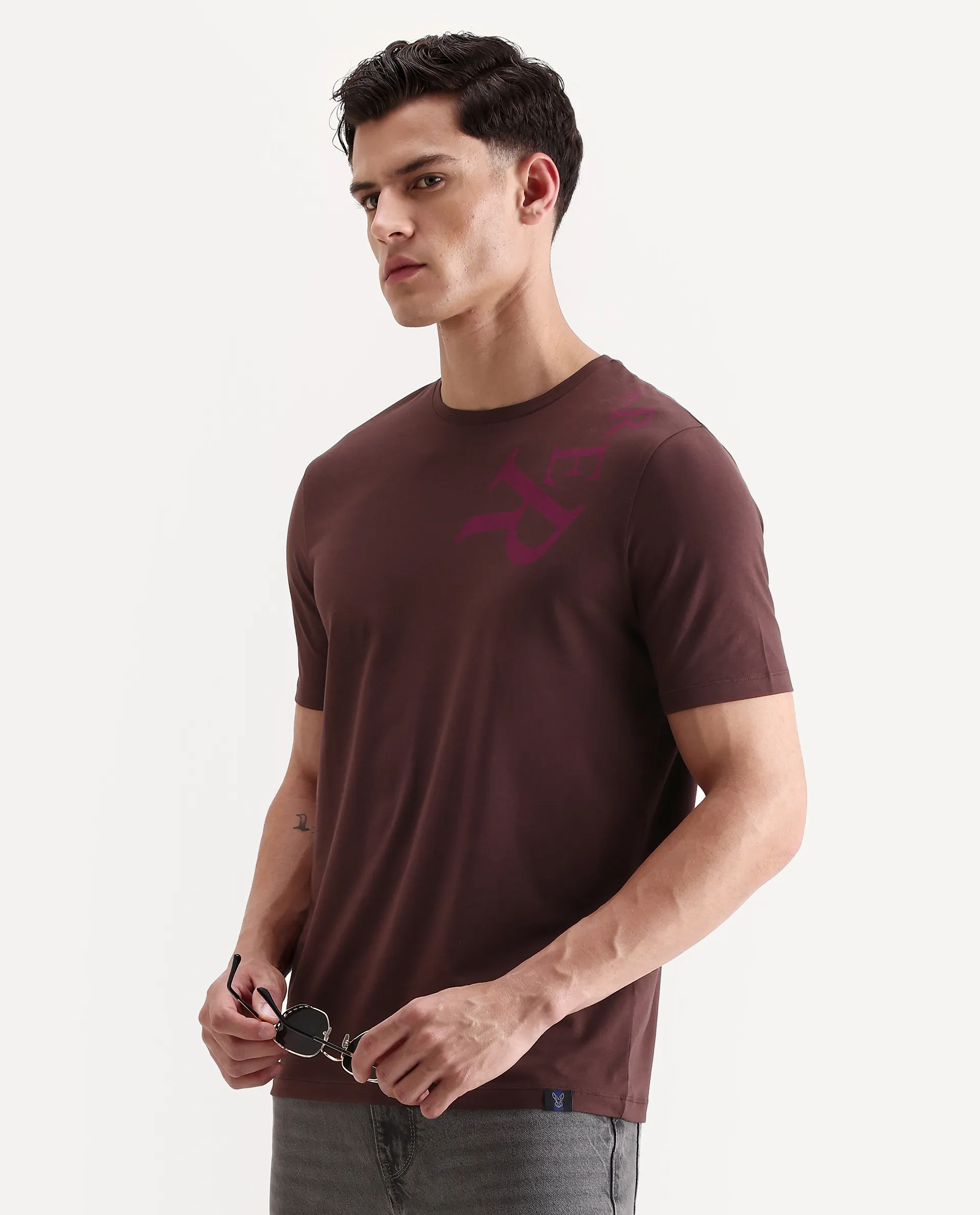 Rare Rabbit Men's Rida Dark Brown Cotton Blend Fabric Crew Neck Regular Graphic Print T-Shirt