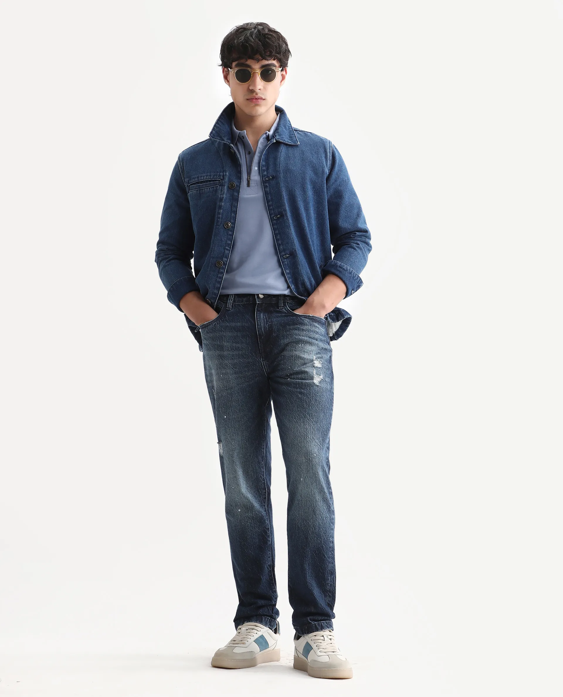 Rare Rabbit Men's Riley Blue Cotton Plain Kurt Carrot Fit Jeans