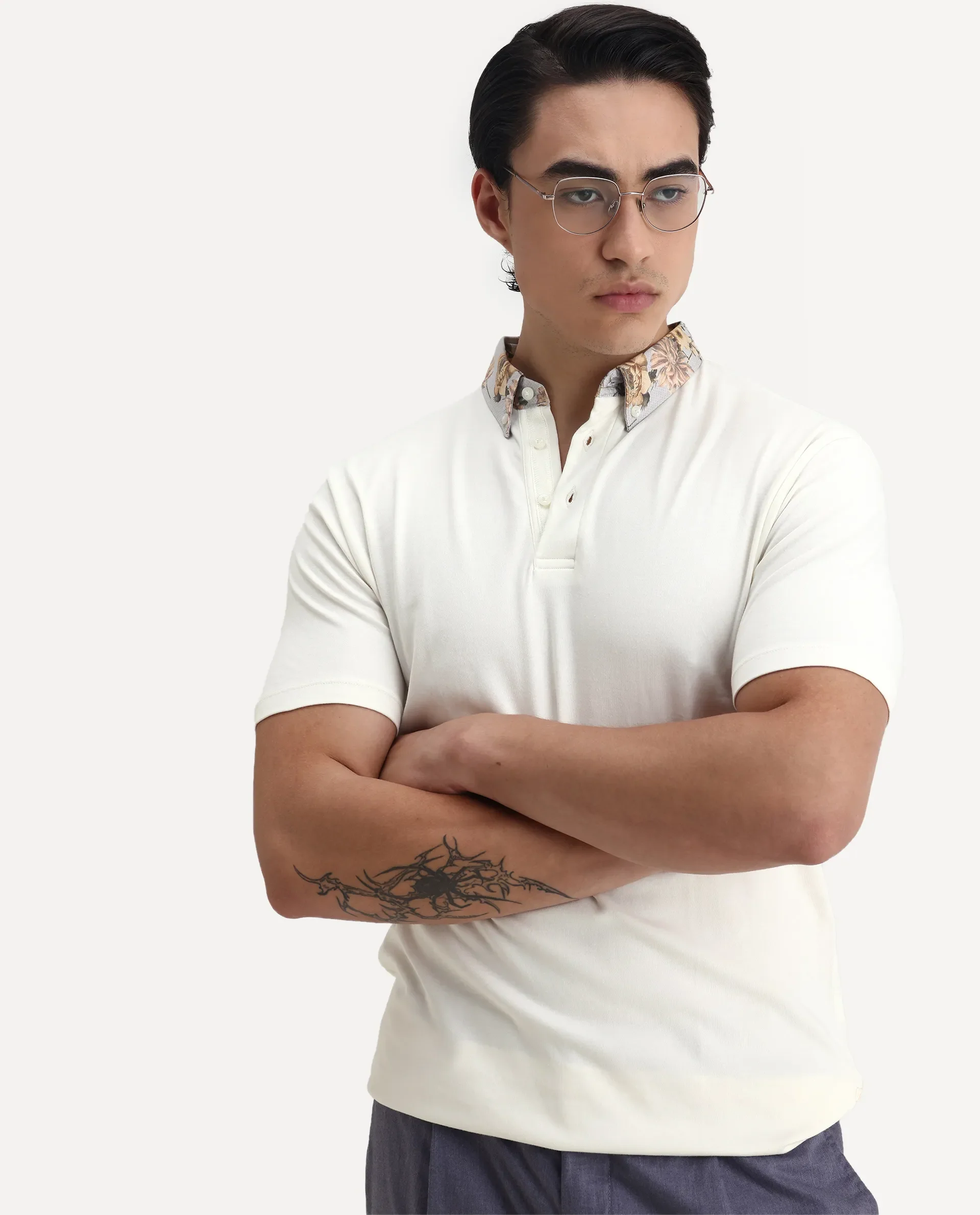Rare Rabbit Men's Ringer-1 Off White Cotton Printed Regular Fit Half Sleeve Polo