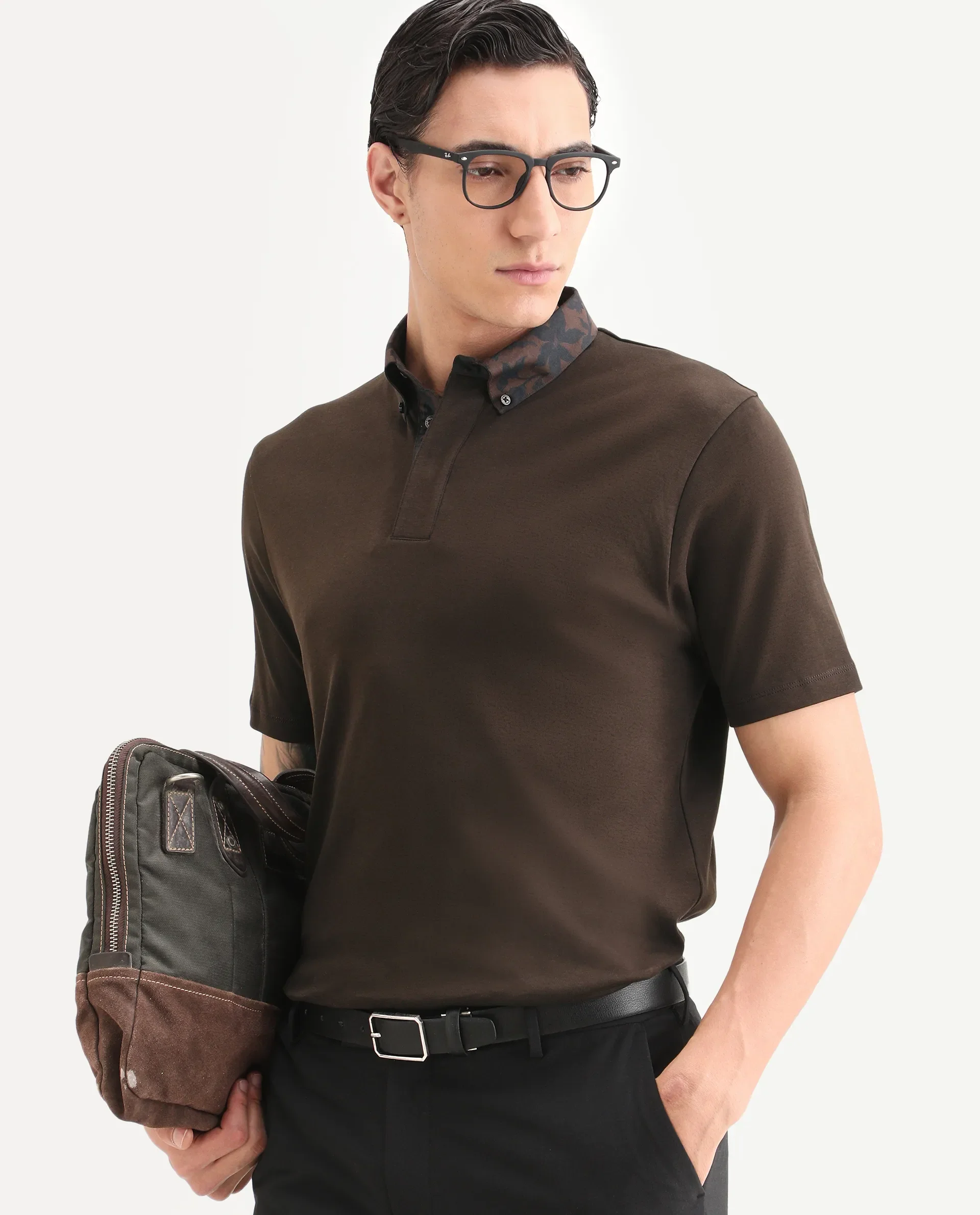 Rare Rabbit Men's Ringer-S26 Dark Brown Cotton Fabric Half Sleeve Spread Collar Regular Fit Plain Polo
