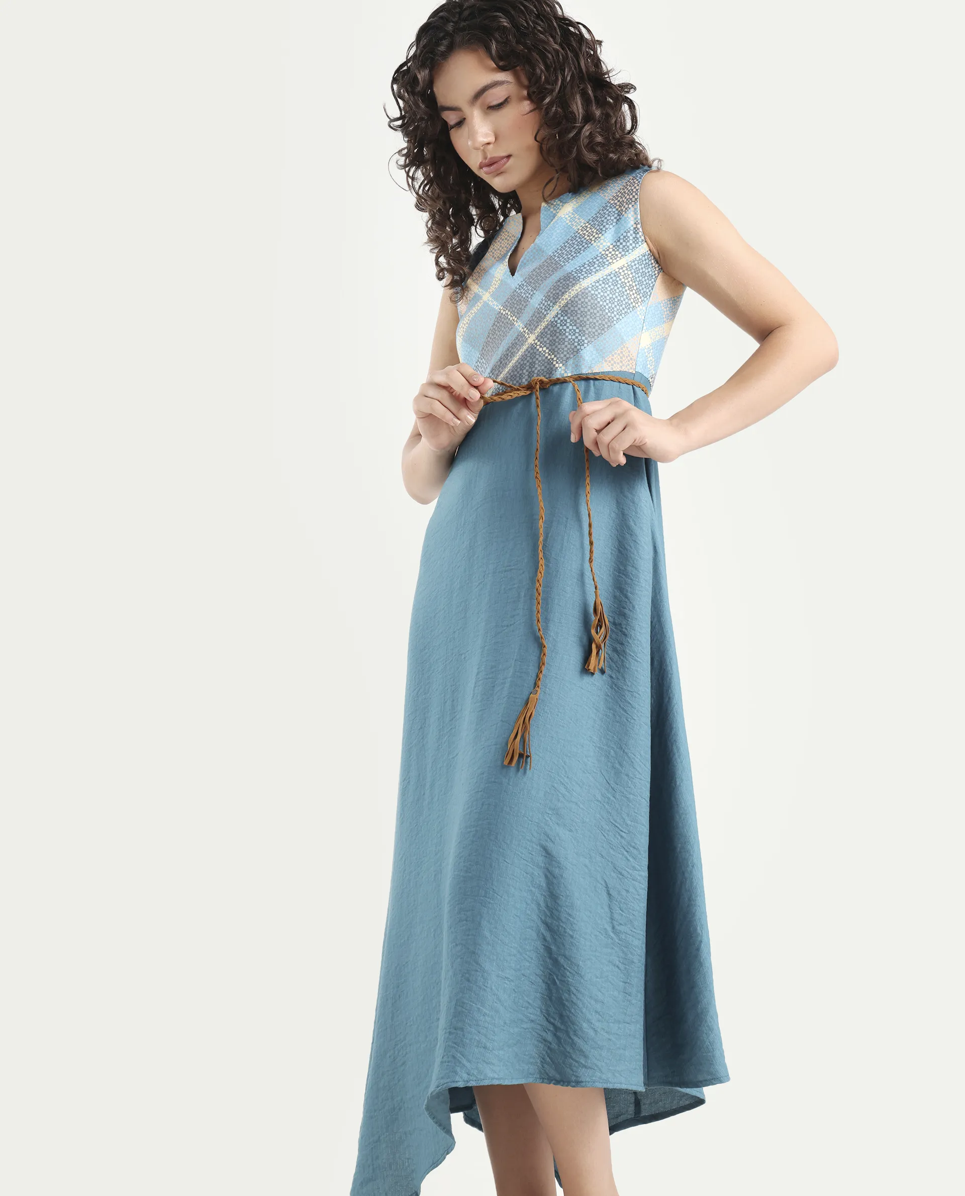 Rareism Women's Riskal Blue Cotton Round Neck Flannel Print Sleeveless Maxi Fit And Flare Dress